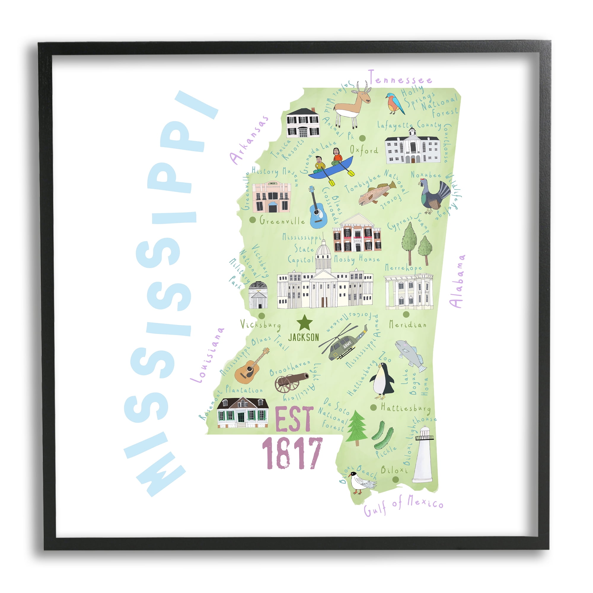 Stupell Industries Mississippi Landmarks Drawings Map Travel & Places Painting Black Framed Art Print Wall Art