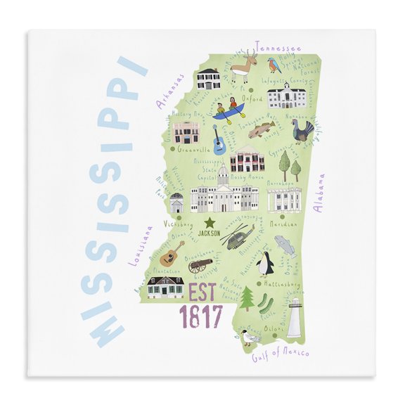 Stupell Industries Contemporary Mississippi Landmarks Drawings Map Canvas Art, 17 x 17, by Carla Daly