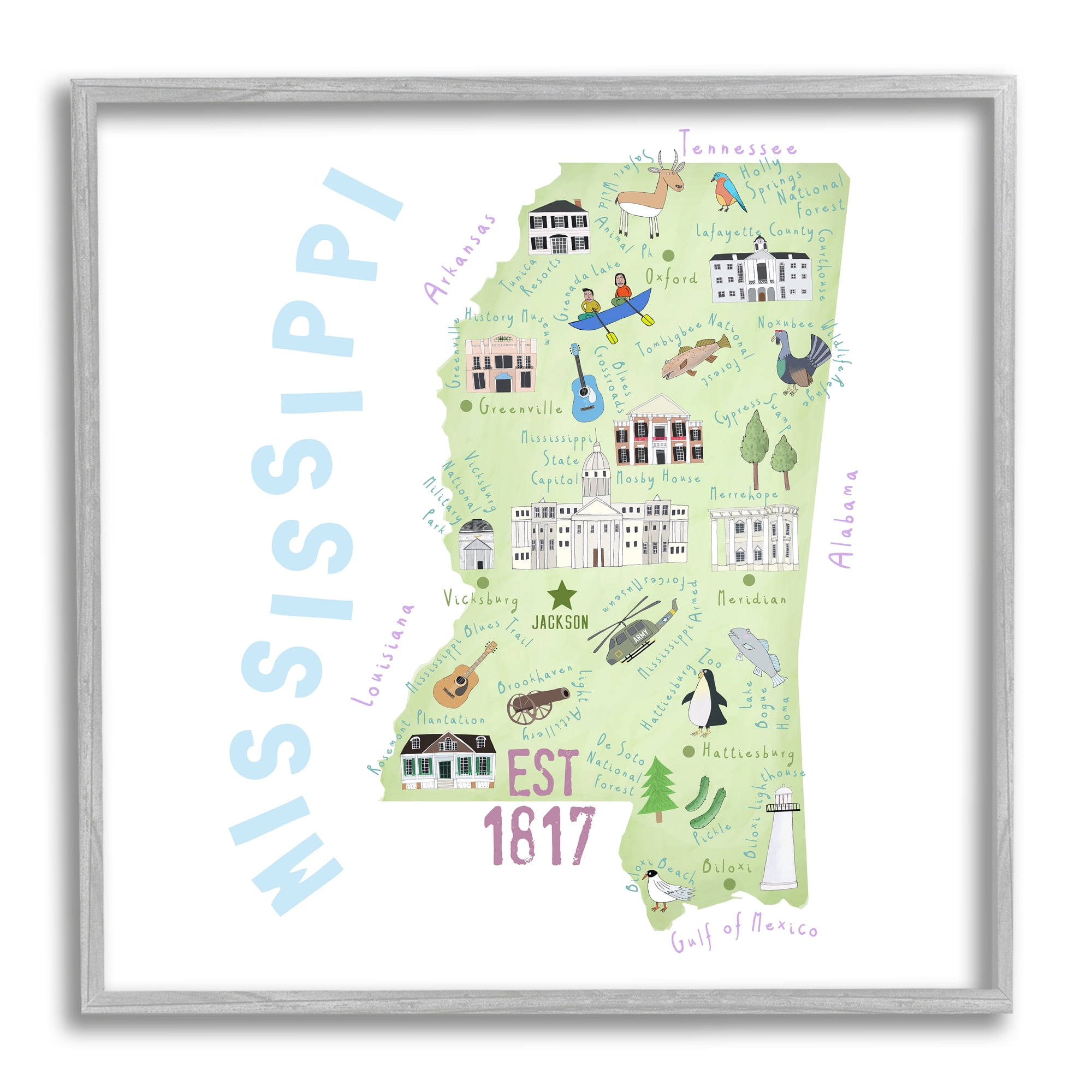 Stupell Industries Mississippi Landmarks Drawings Map Travel & Places Painting Gray Framed Art Print Wall Art