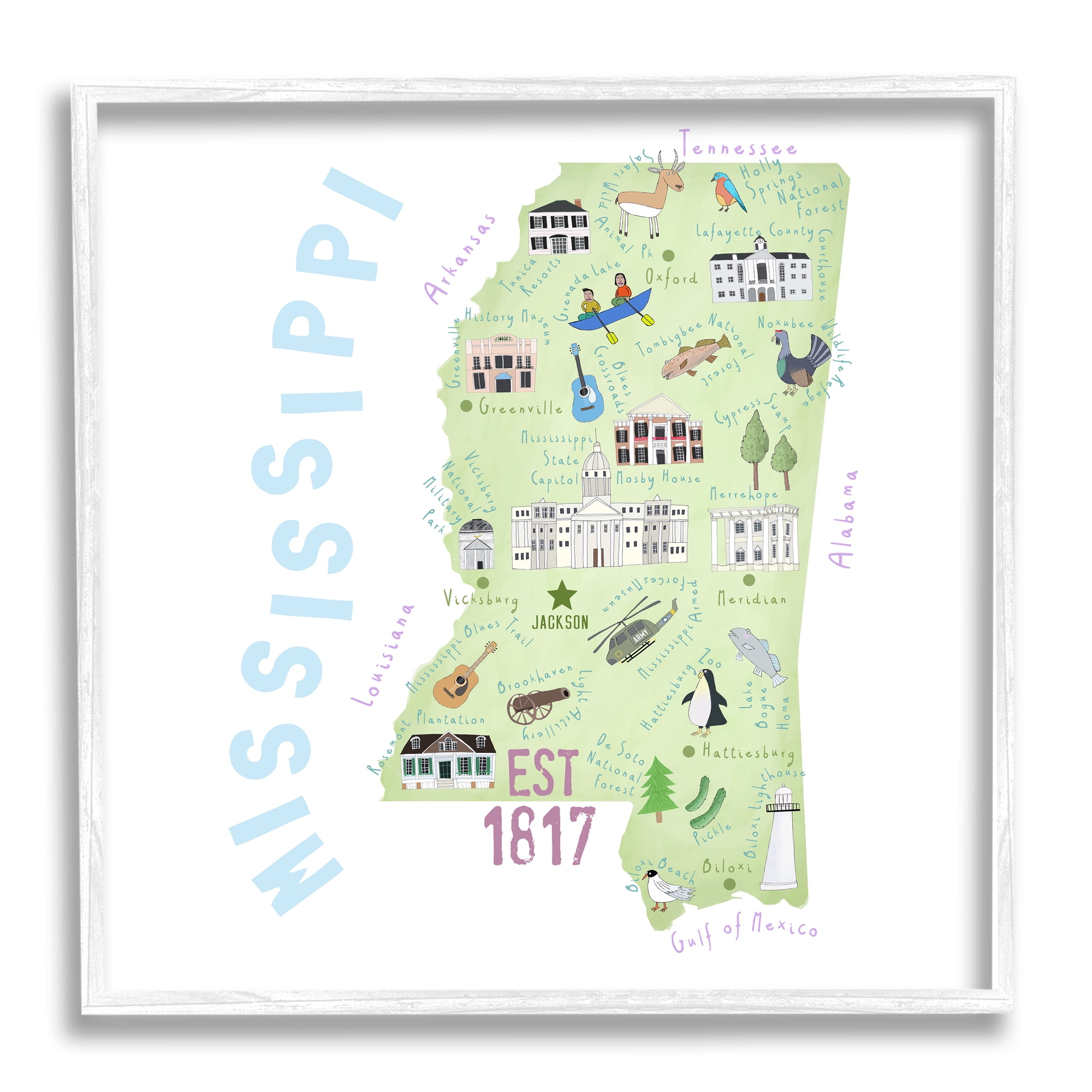 Stupell Industries Mississippi Landmarks Drawings Map Travel & Places Painting White Framed Art Print Wall Art
