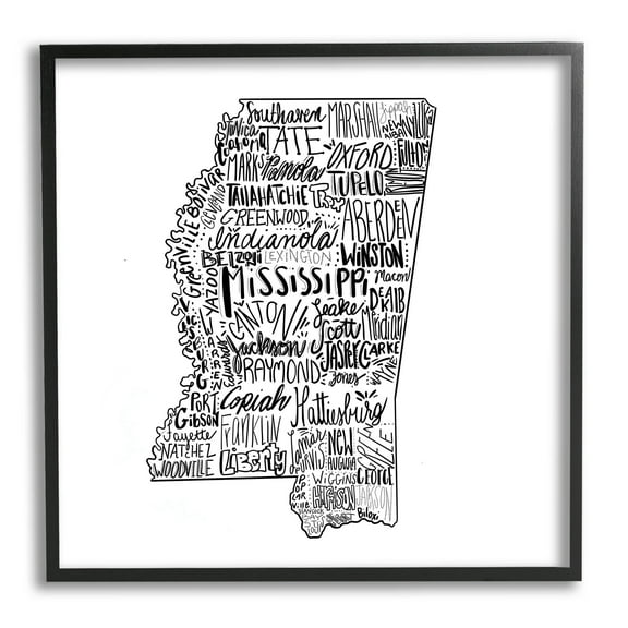 Stupell Industries Mississippi Typography Shape State Map Graphic Art Black Framed Art Print Wall Art, Design by The Saturday Evening Post