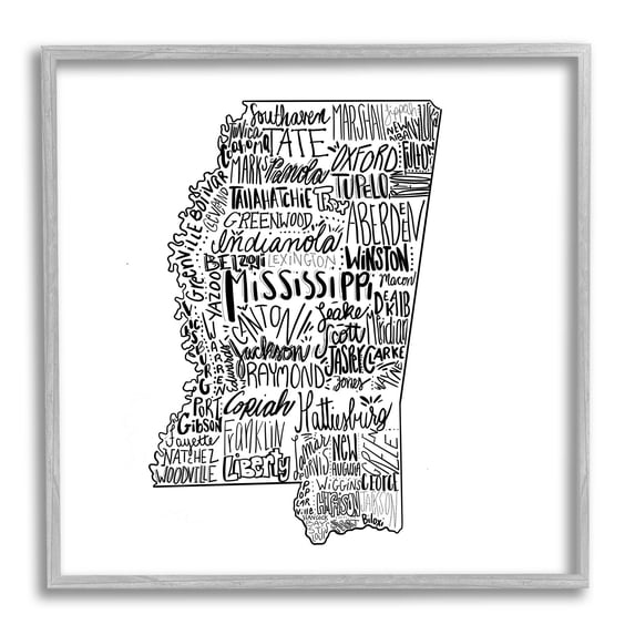 Stupell Industries Mississippi Typography Shape State Map Graphic Art Gray Framed Art Print Wall Art, Design by The Saturday Evening Post