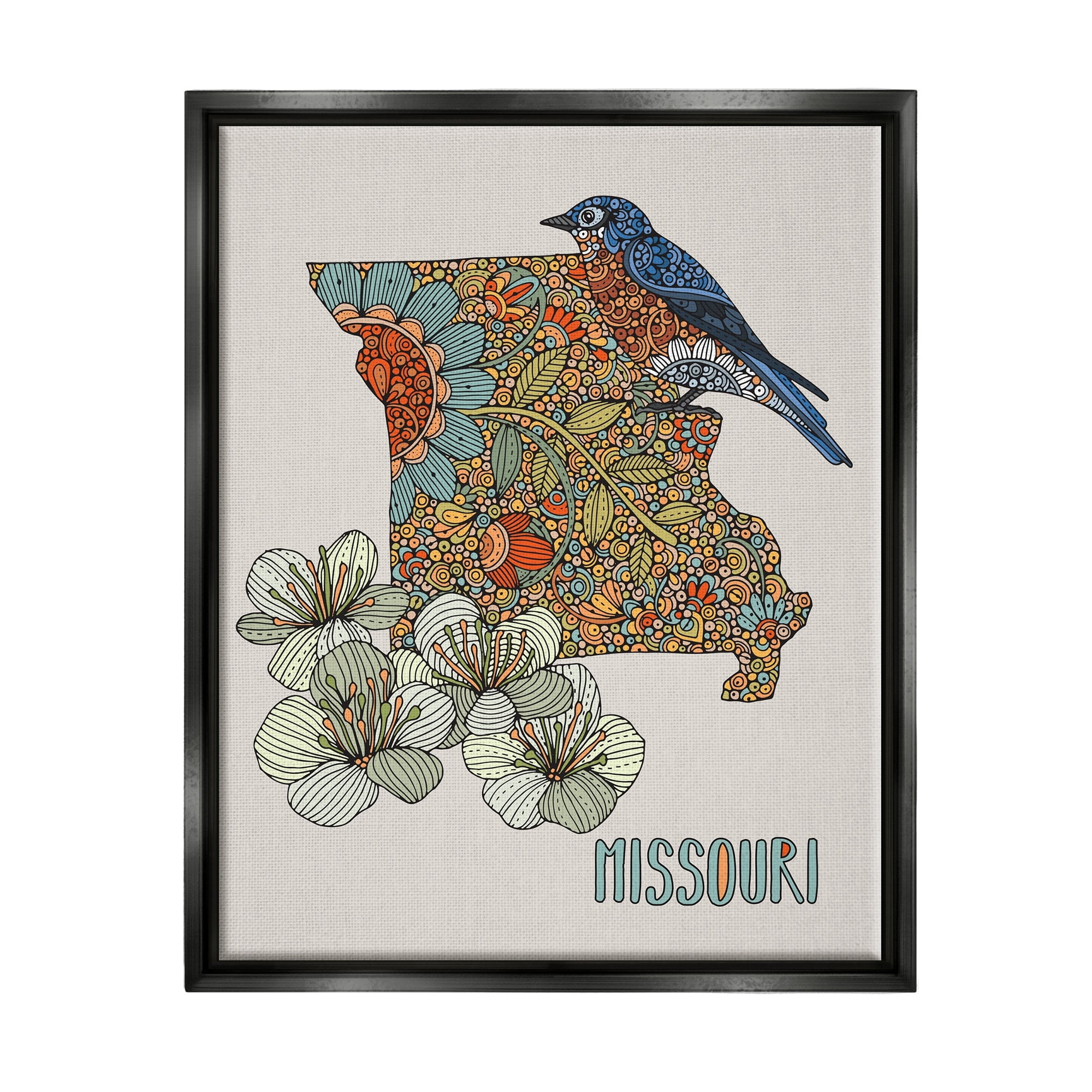 Stupell Industries Missouri Bluebird State Flower Blossoms Intricate Patterns Graphic Art Jet Black Floating Framed Canvas Print Wall Art, Design by Valentina Harper