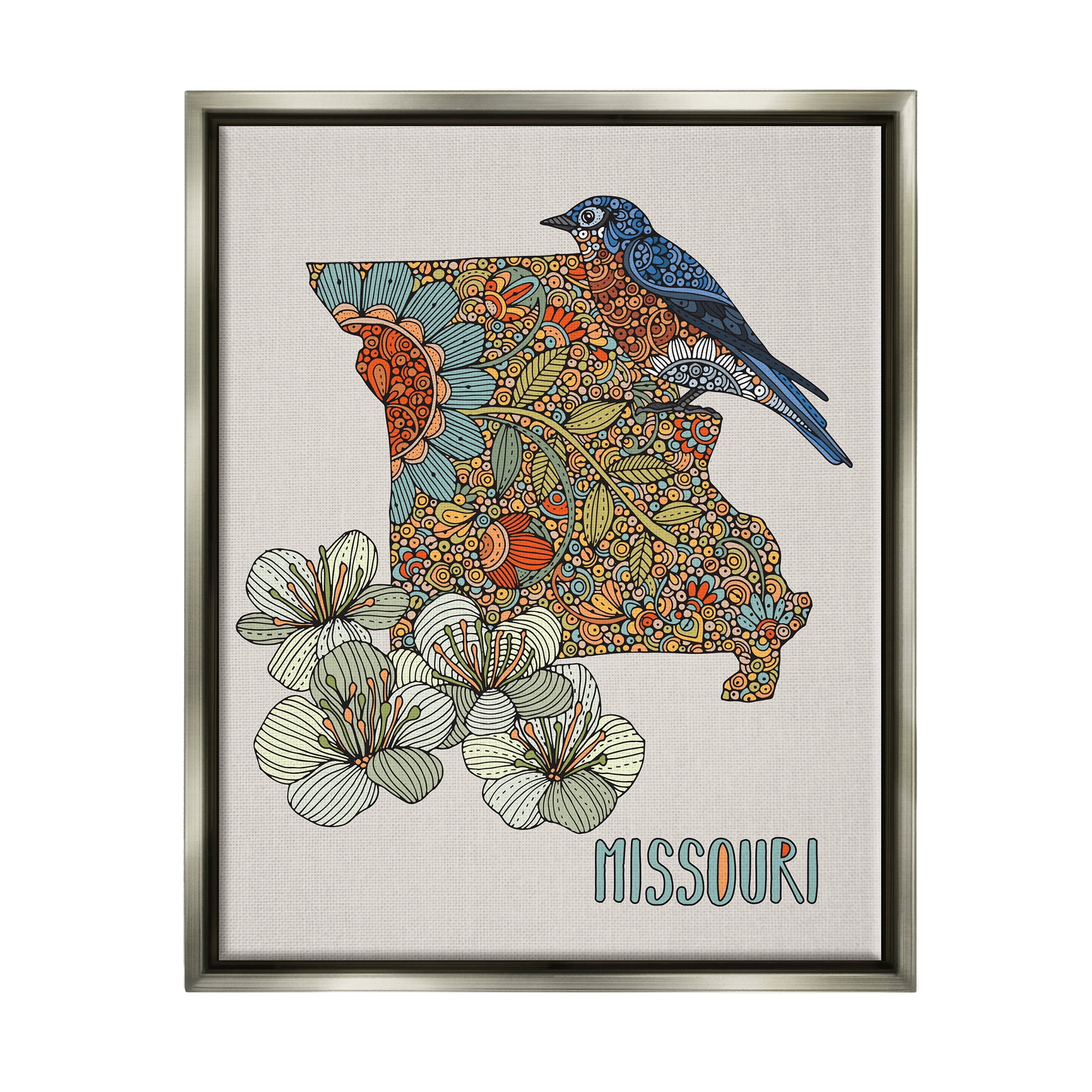 Stupell Industries Missouri Bluebird State Flower Blossoms Intricate Patterns Graphic Art Luster Gray Floating Framed Canvas Print Wall Art, Design by Valentina Harper