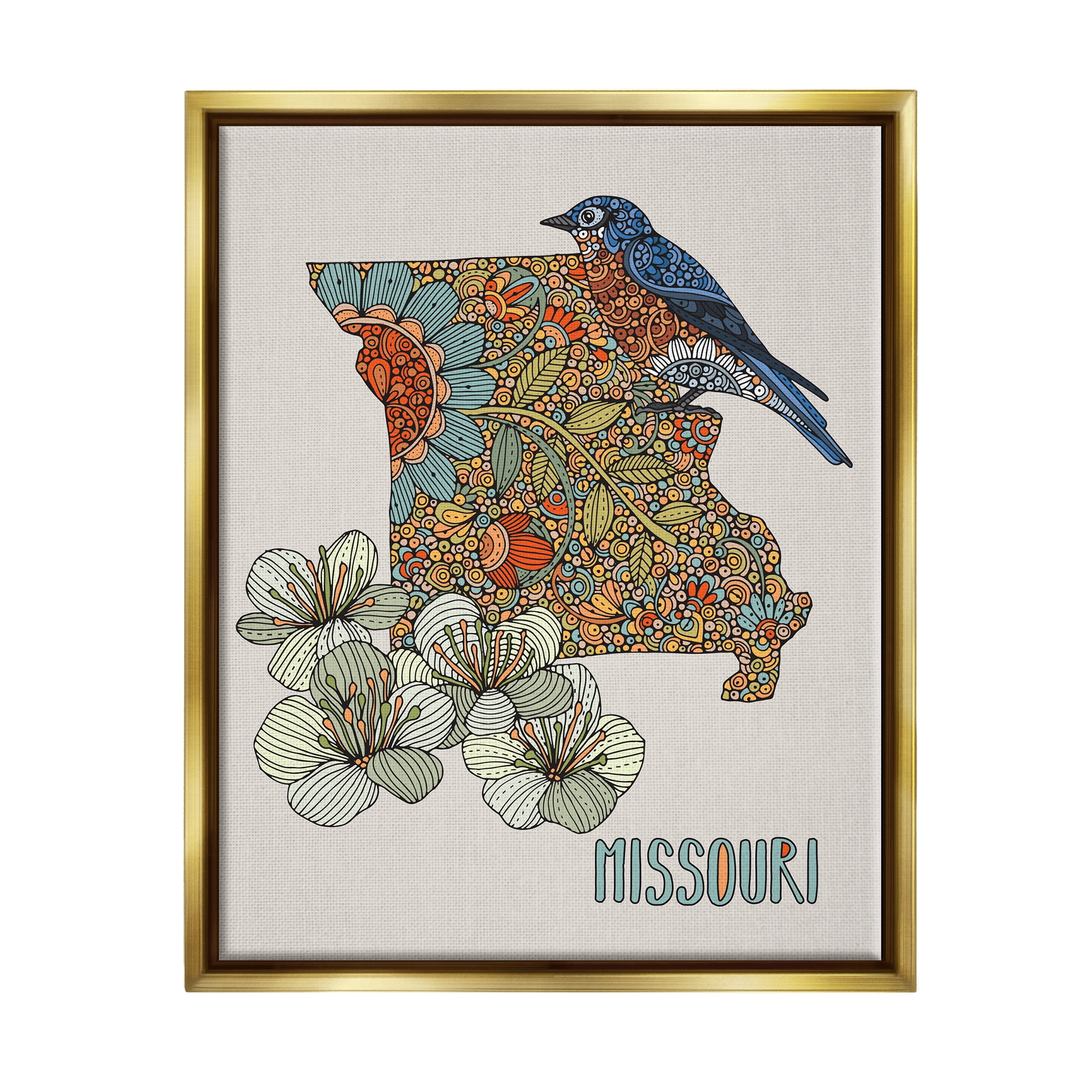 Stupell Industries Missouri Bluebird State Flower Blossoms Intricate Patterns Graphic Art Metallic Gold Floating Framed Canvas Print Wall Art, Design by Valentina Harper