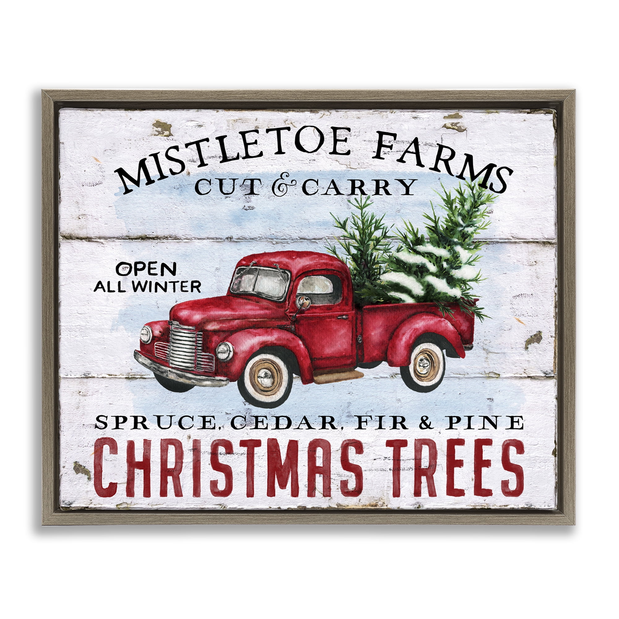 Stupell Industries Mistletoe Farm Trees Holiday Painting Brown Floater Framed Canvas Art Prints Wall Art, 21 x 17