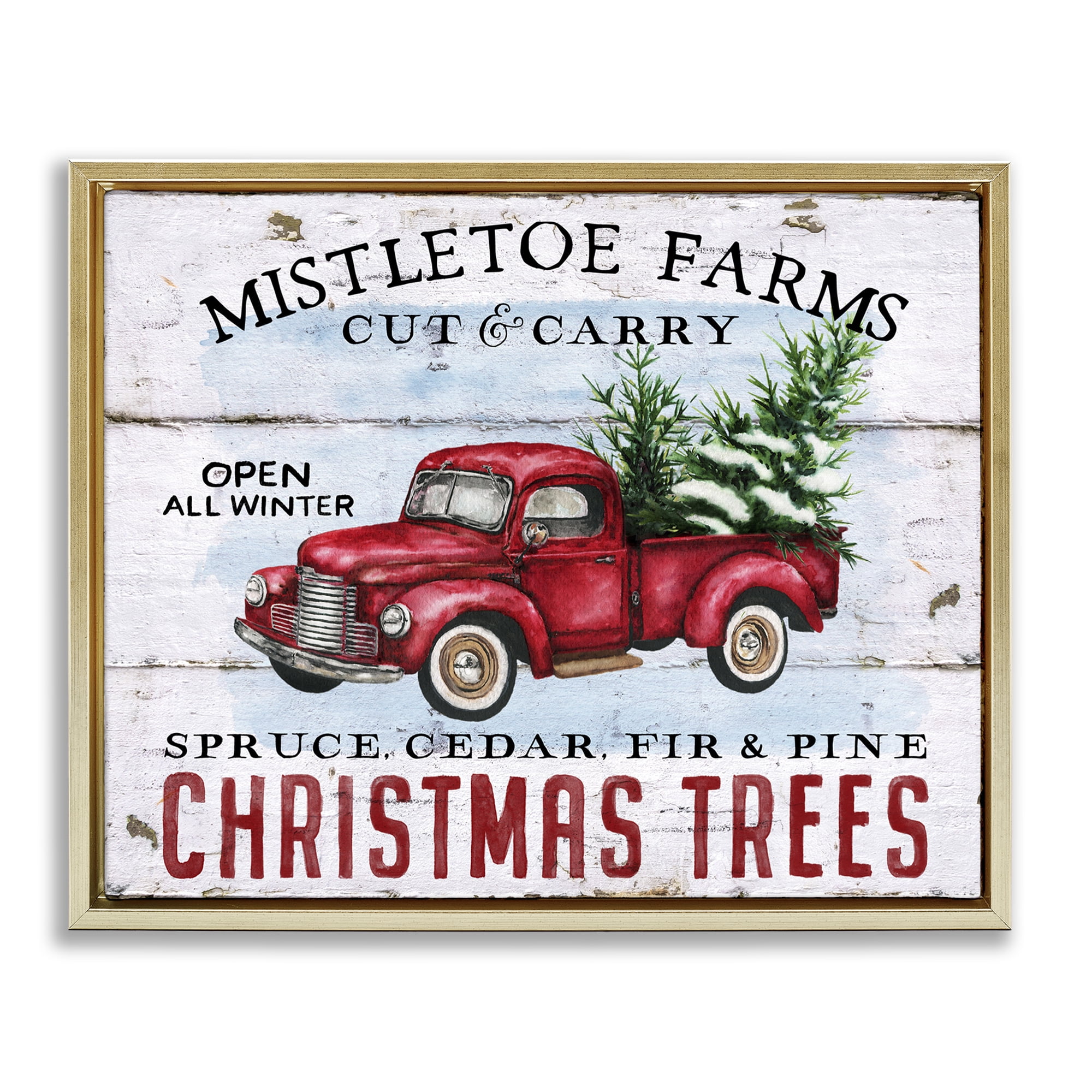 Stupell Industries Mistletoe Farm Trees Holiday Painting Gold Floater Framed Canvas Art Prints Wall Art, 31 x 25