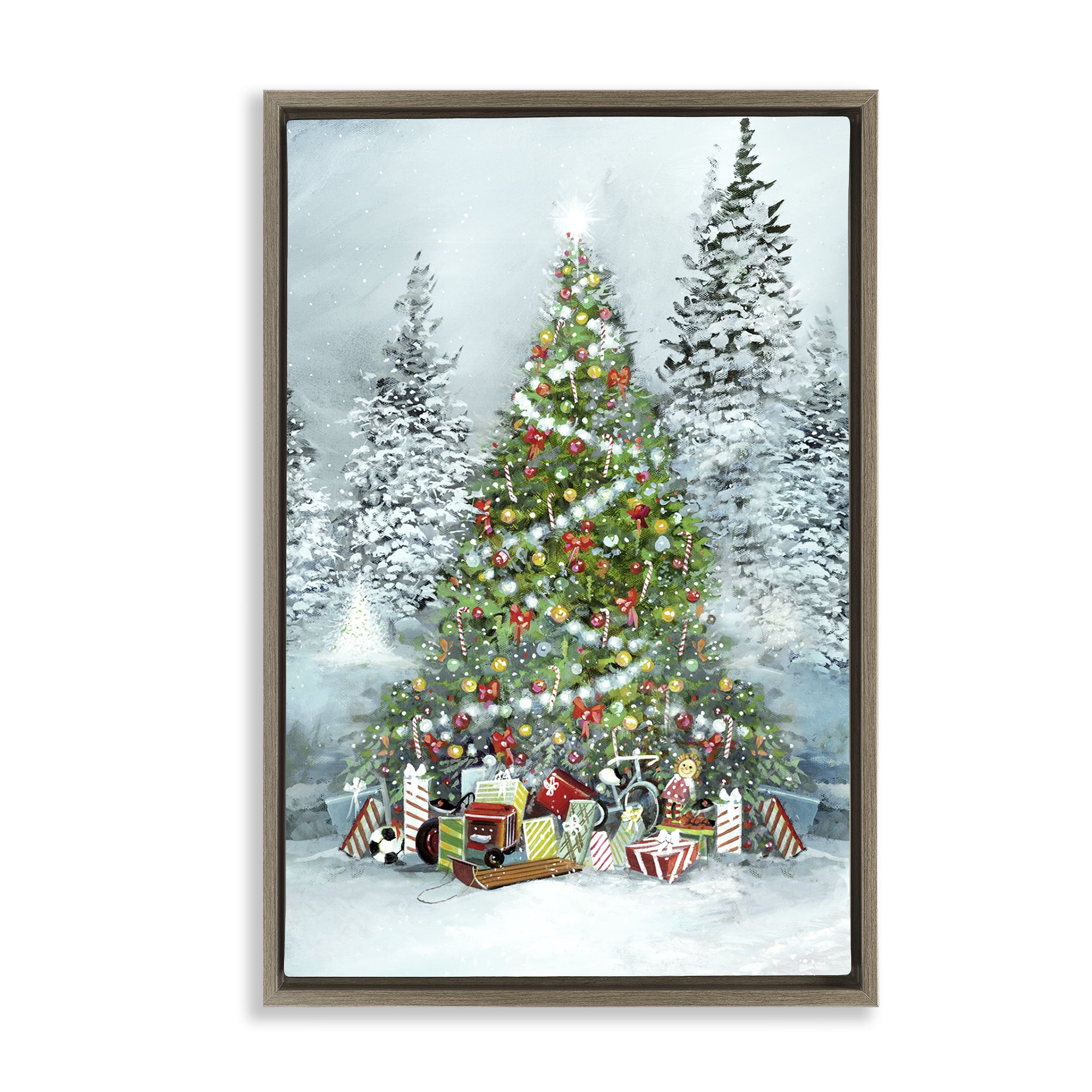 Stupell Industries Mistletoe Kisses Phrase Holiday Painting Brown Floater Framed Canvas Art Prints Wall Art, 17 x 25
