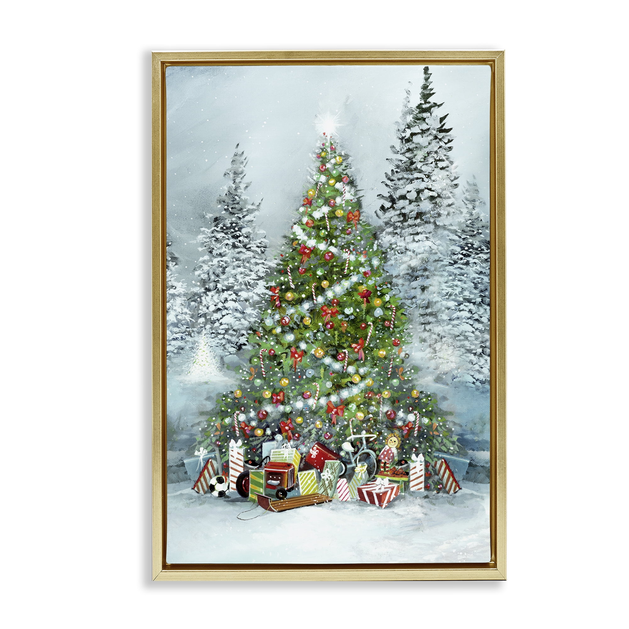 Stupell Industries Mistletoe Kisses Phrase Holiday Painting Gold Floater Framed Canvas Art Prints Wall Art, 17 x 25
