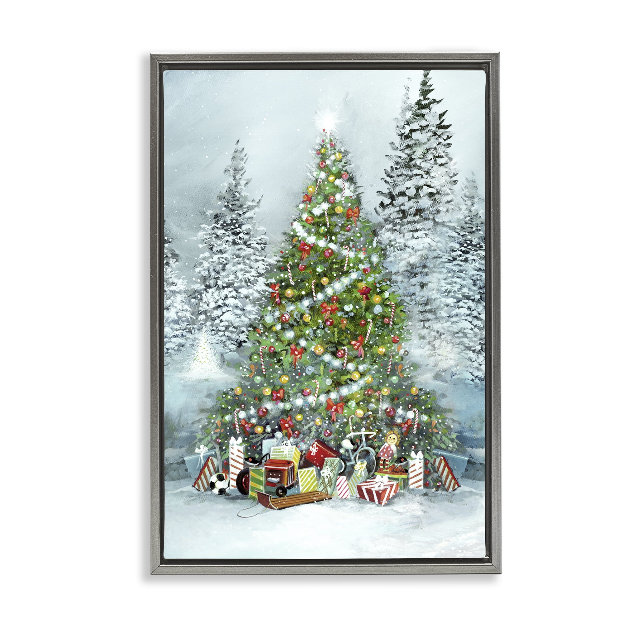Stupell Industries Mistletoe Kisses Phrase Holiday Painting Gray Floater Framed Canvas Art Prints Wall Art, 21 x 31