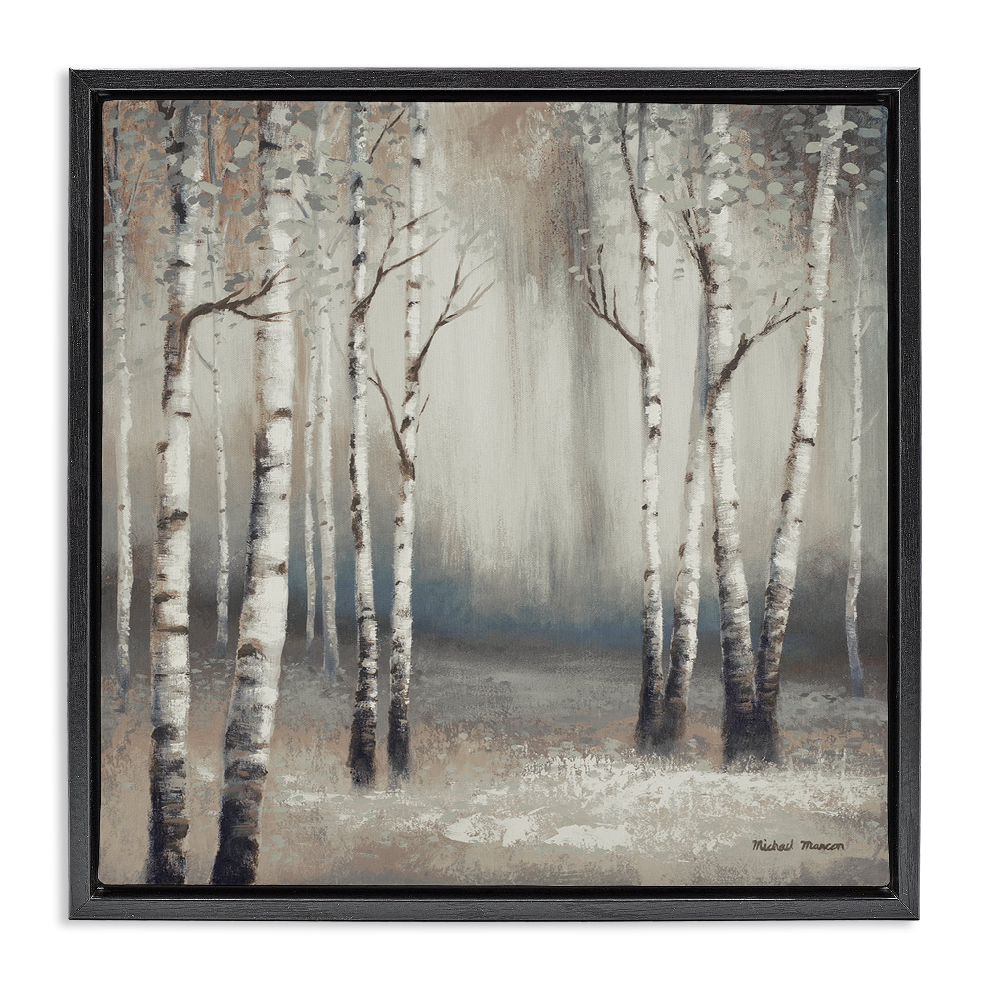 Misty Birch Tree Forest Landscape Black Floating Frame Canvas Art, 18 x 18