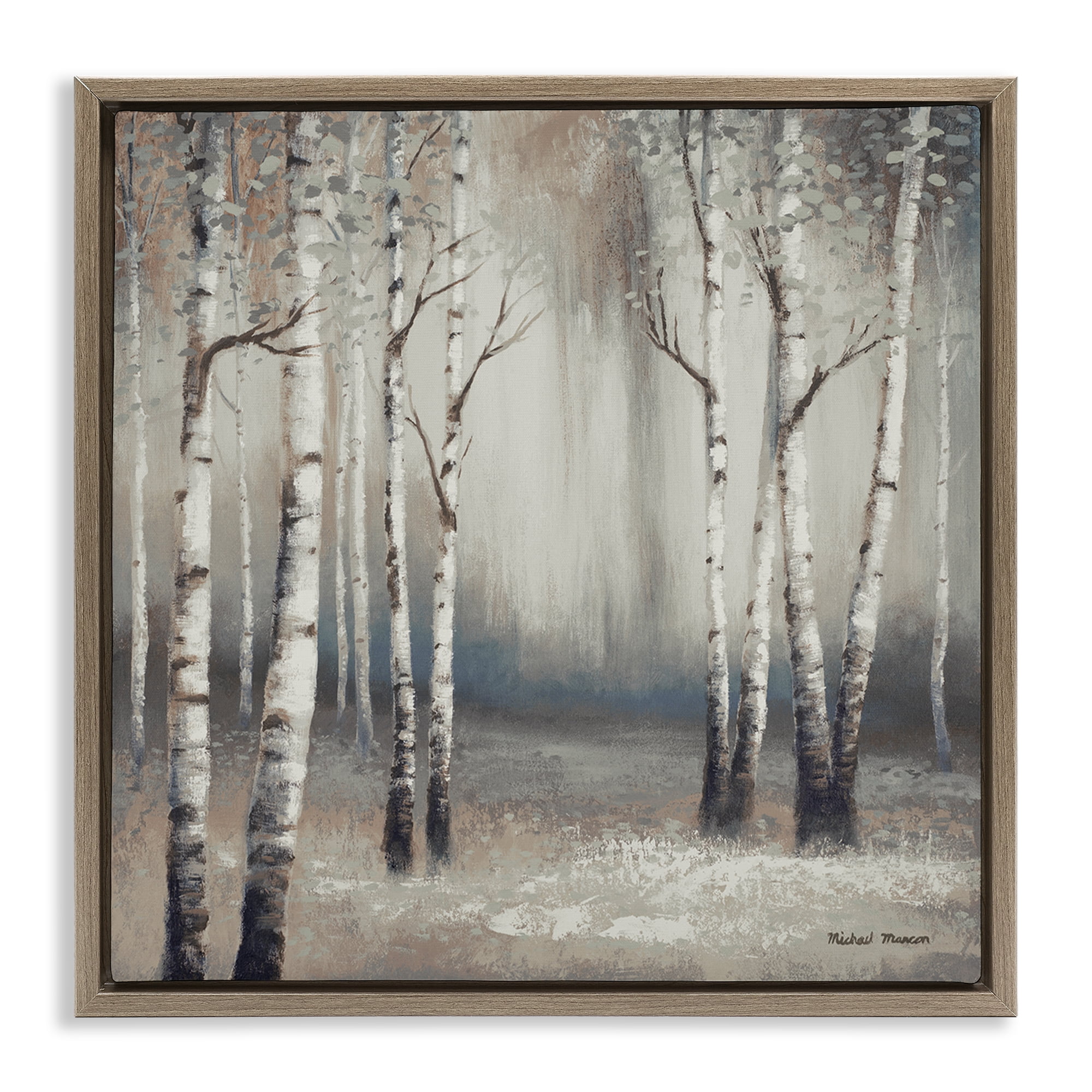 Misty Birch Tree Forest Landscape Brown Floating Frame Canvas Art, 18 x 18