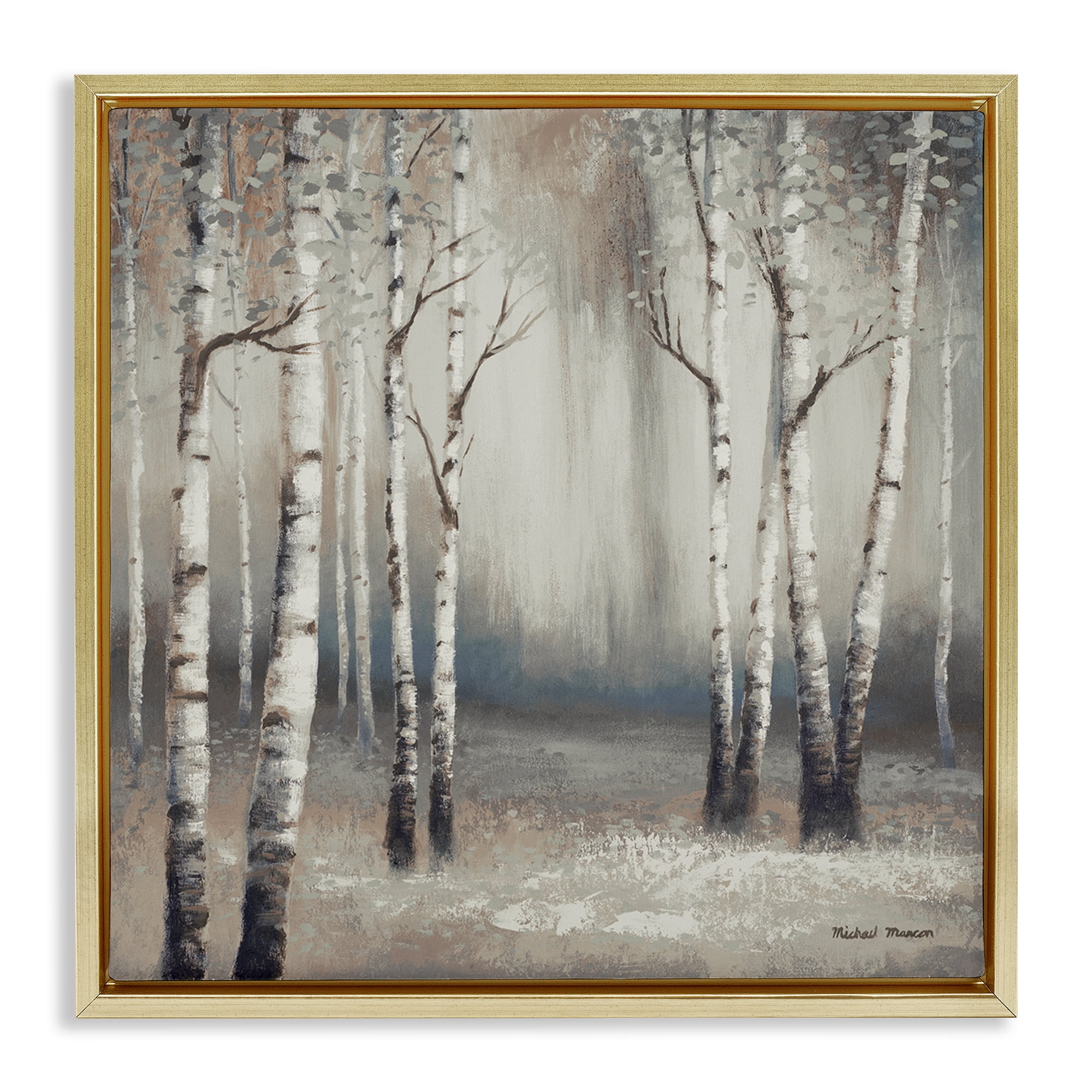 Misty Birch Tree Forest Landscape Gold Floating Frame Canvas Art, 18 x 18