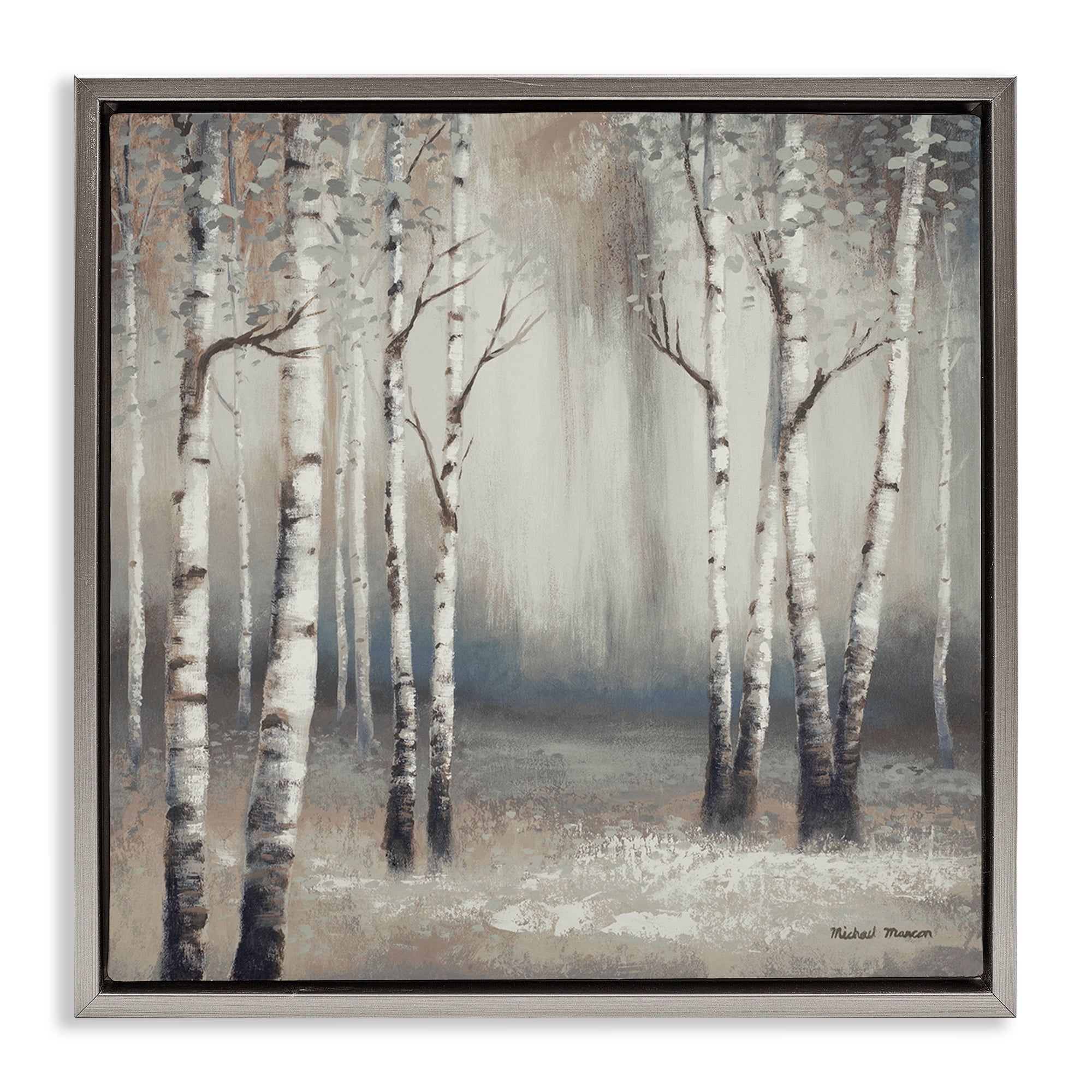 Misty Birch Tree Forest Landscape Gray Floating Frame Canvas Art, 18 x 18