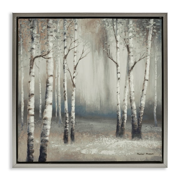 Misty Birch Tree Forest Landscape Gray Floating Frame Canvas Art, 25 x 25, Made In USA