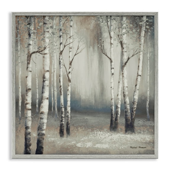 Misty Birch Tree Forest Landscape Gray Framed Giclee Art, 24 x 24, Made In USA