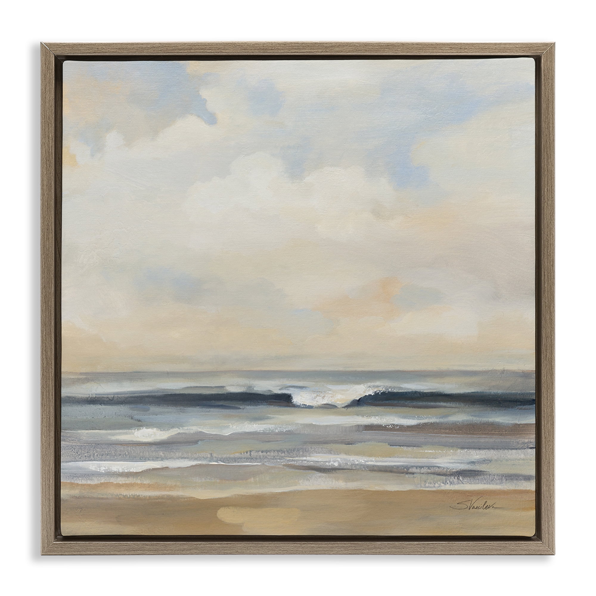 Stupell Industries Misty Haze Shoreline Nautical & Beach Painting Brown Floater Framed Canvas Art Print Wall Art, 18 x 18