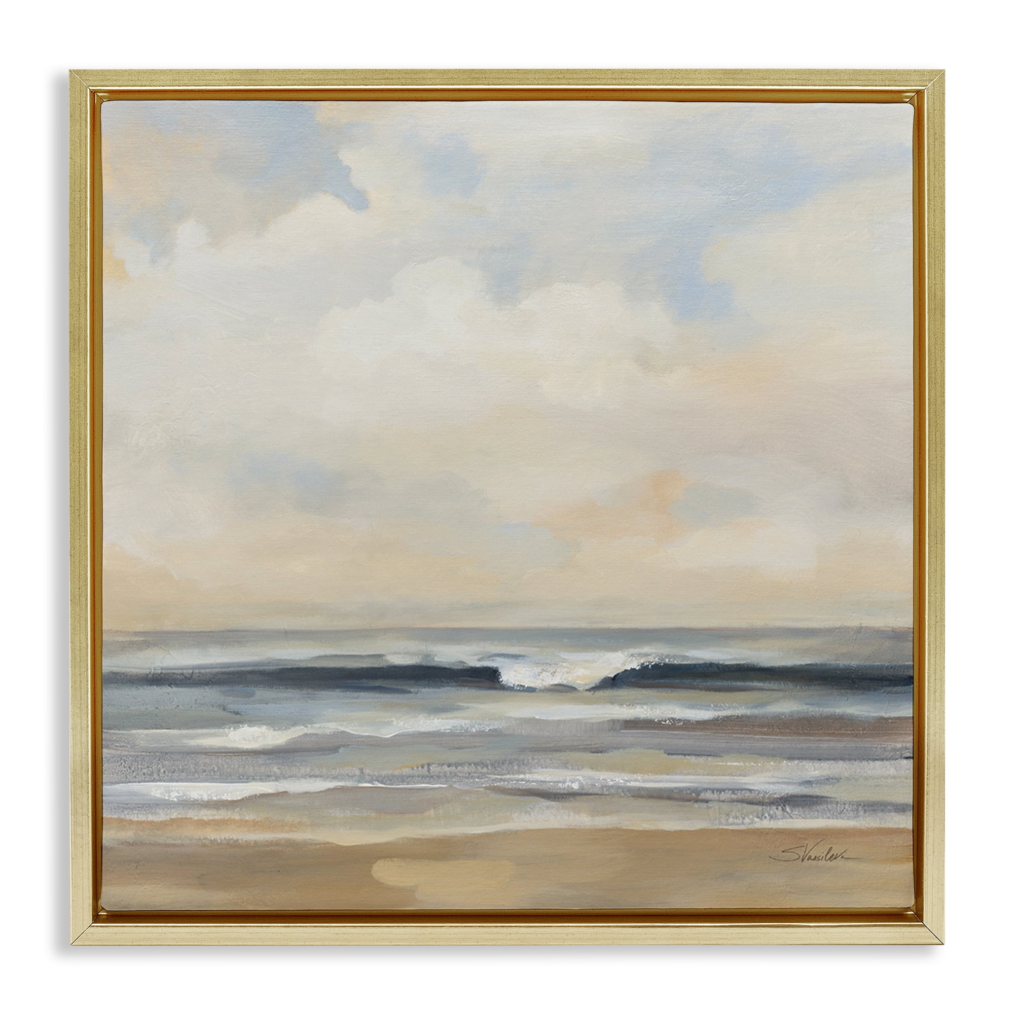 Stupell Industries Misty Haze Shoreline Nautical & Beach Painting Gold Floater Framed Canvas Art Print Wall Art, 25 x 25