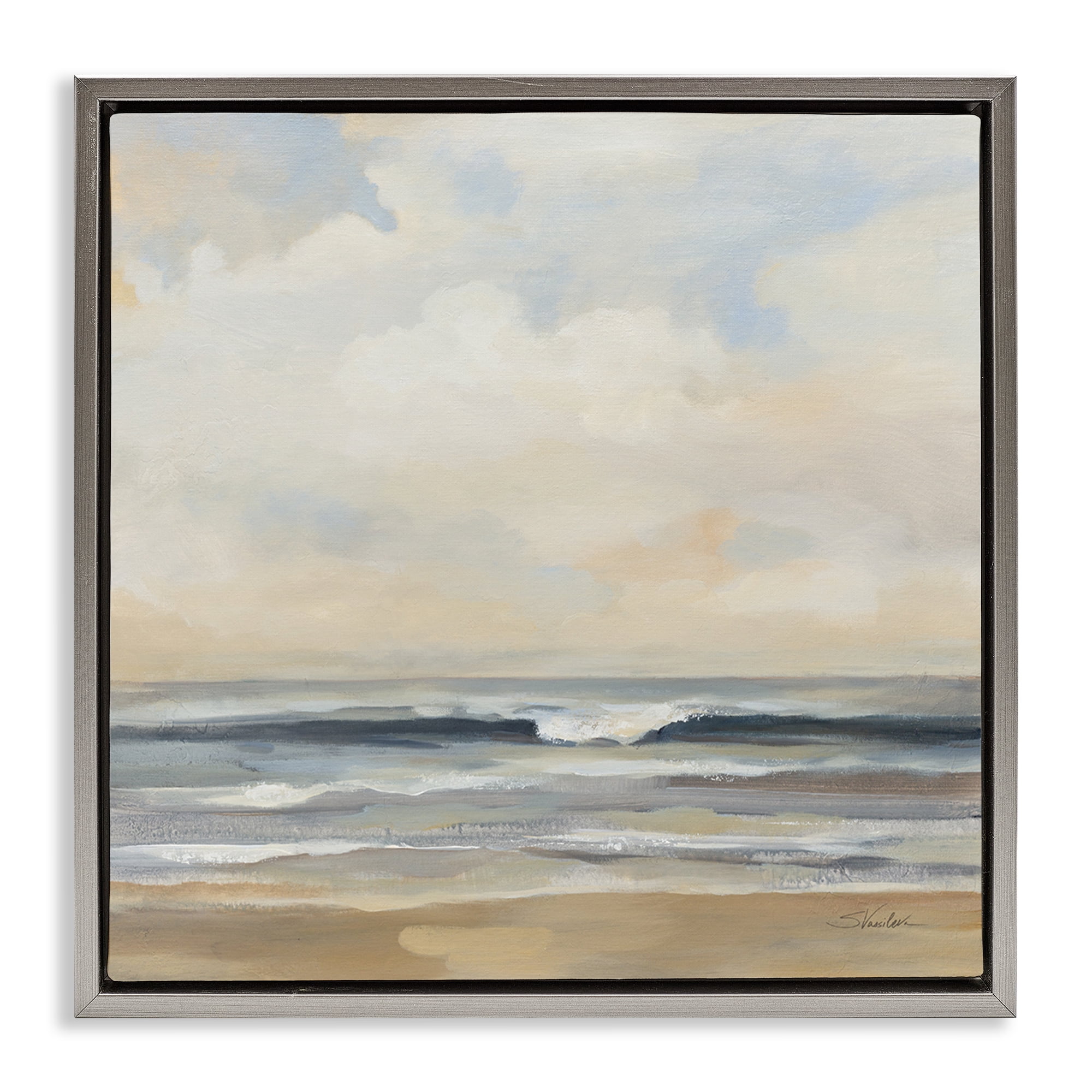Stupell Industries Misty Haze Shoreline Nautical & Beach Painting Gray Floater Framed Canvas Art Print Wall Art, 18 x 18