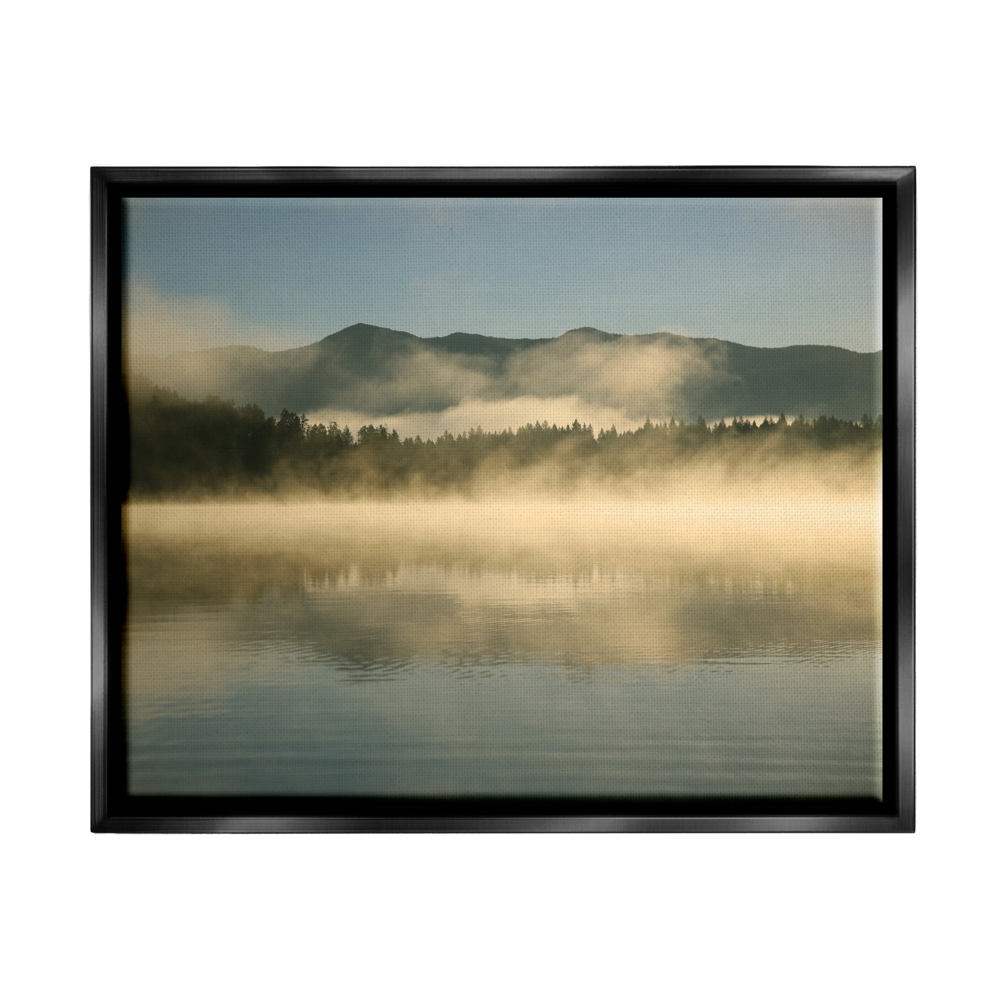 Stupell Industries Misty Lake Mountain Range Scenery Coastal Photography Black Floater Framed Art Print Wall Art