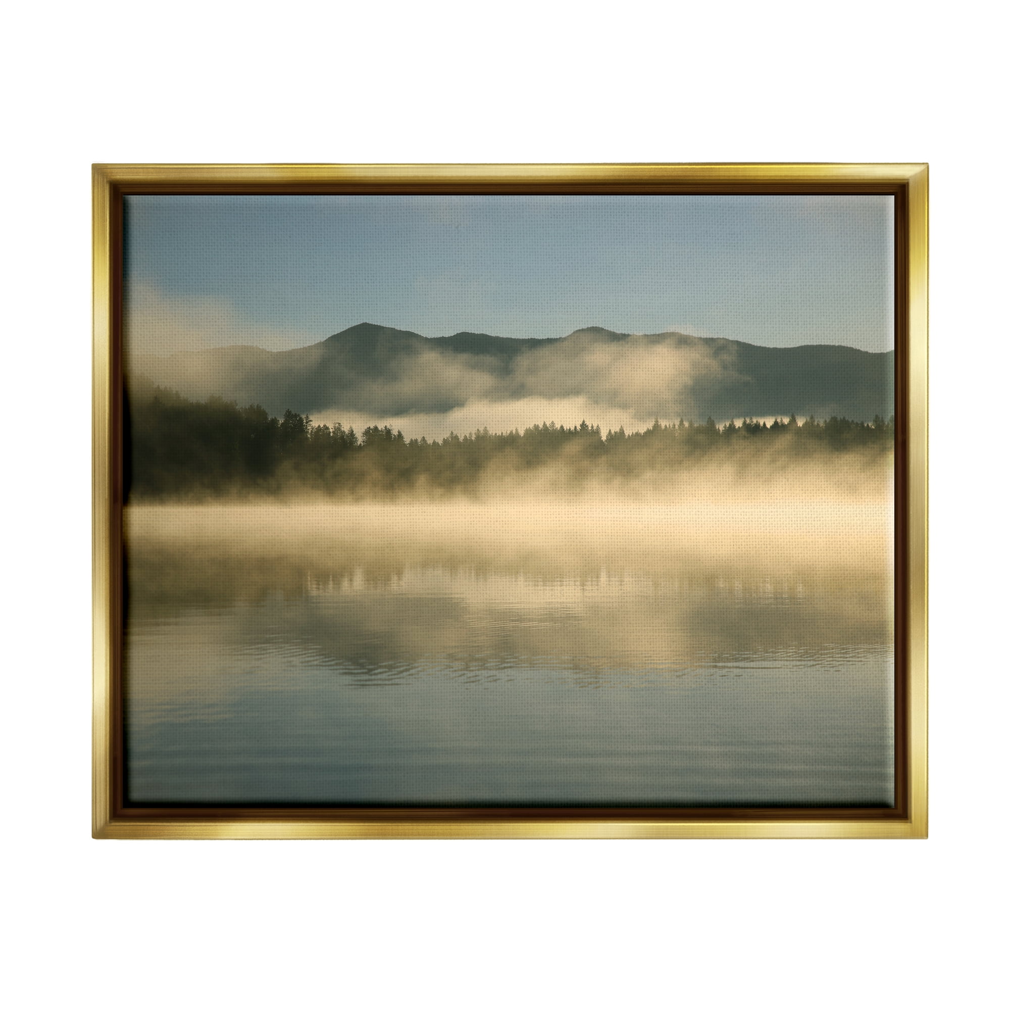 Stupell Industries Misty Lake Mountain Range Scenery Coastal Photography Gold Floater Framed Art Print Wall Art