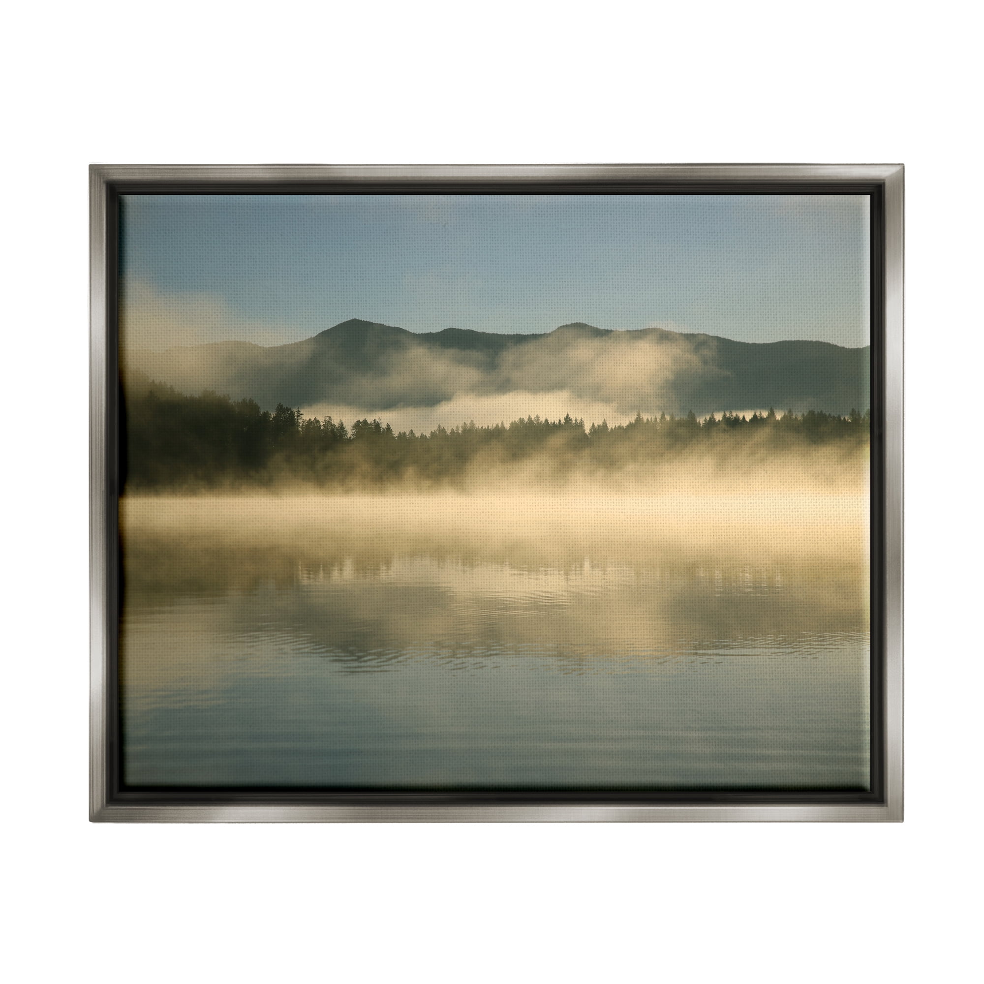 Stupell Industries Misty Lake Mountain Range Scenery Coastal Photography Gray Floater Framed Art Print Wall Art