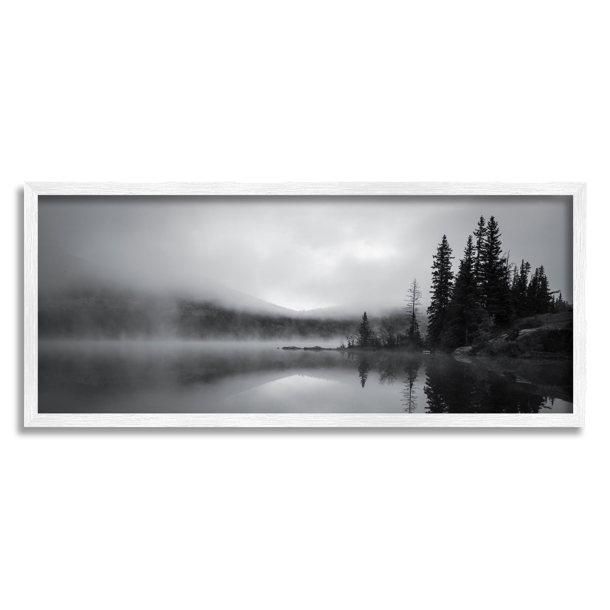 Stupell Industries Misty Lake Photography Landscape Photography White Framed Art Print Wall Art, 30 x 13