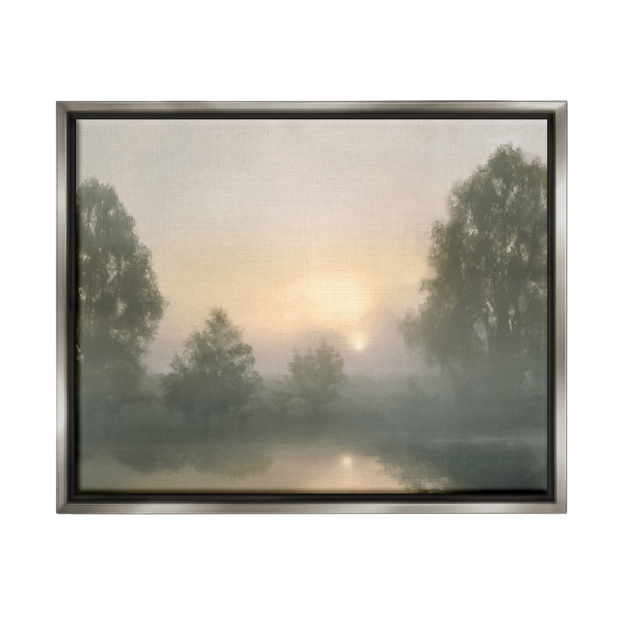 Stupell Industries Misty Pond Reflection Landscape Photography Gray Floater Framed Canvas Art Print Wall Art, 21 x 17