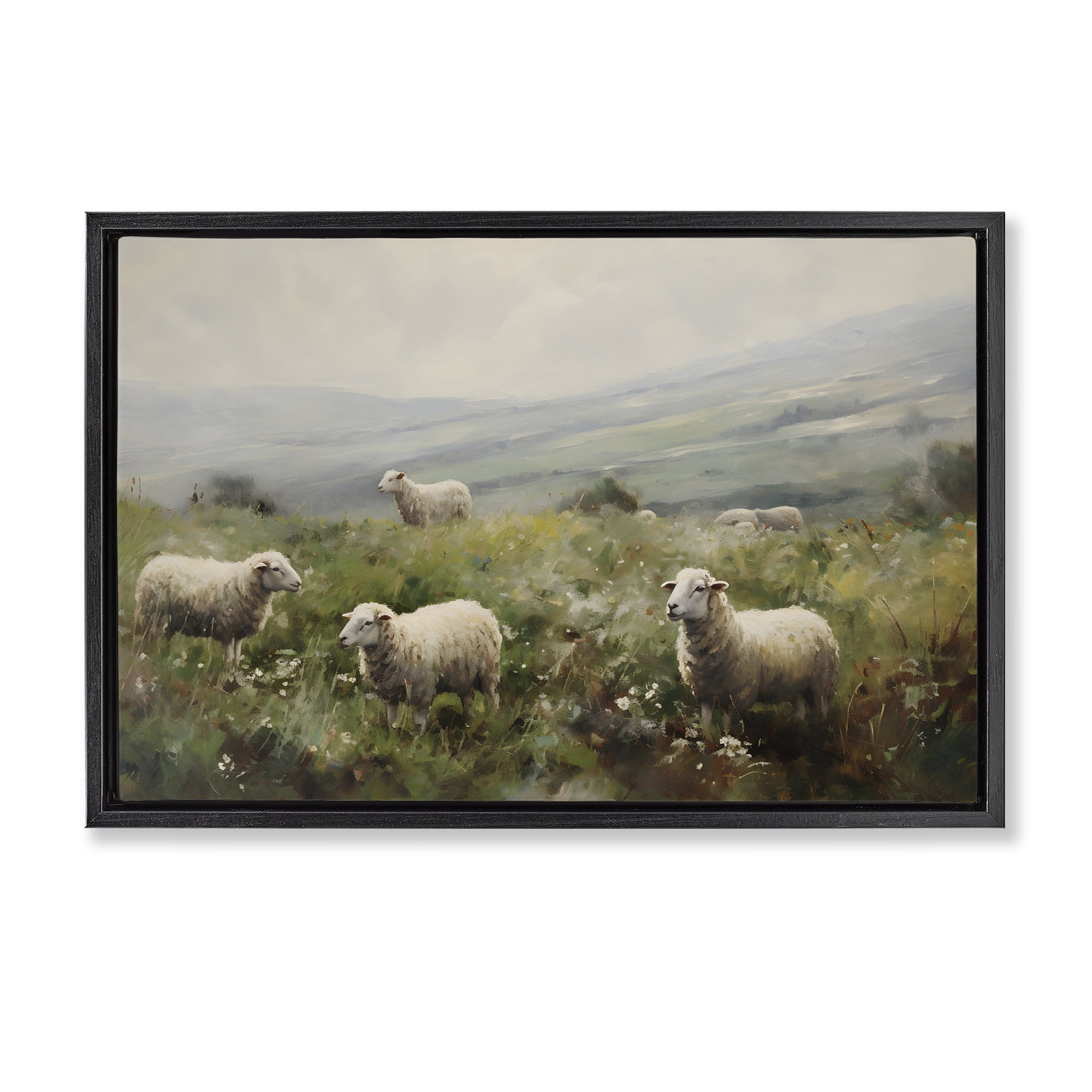 Stupell Industries Misty Sheep Pasture Landscape & Nature Painting Black Floater Framed Canvas Art Print Wall Art, 25 x 17