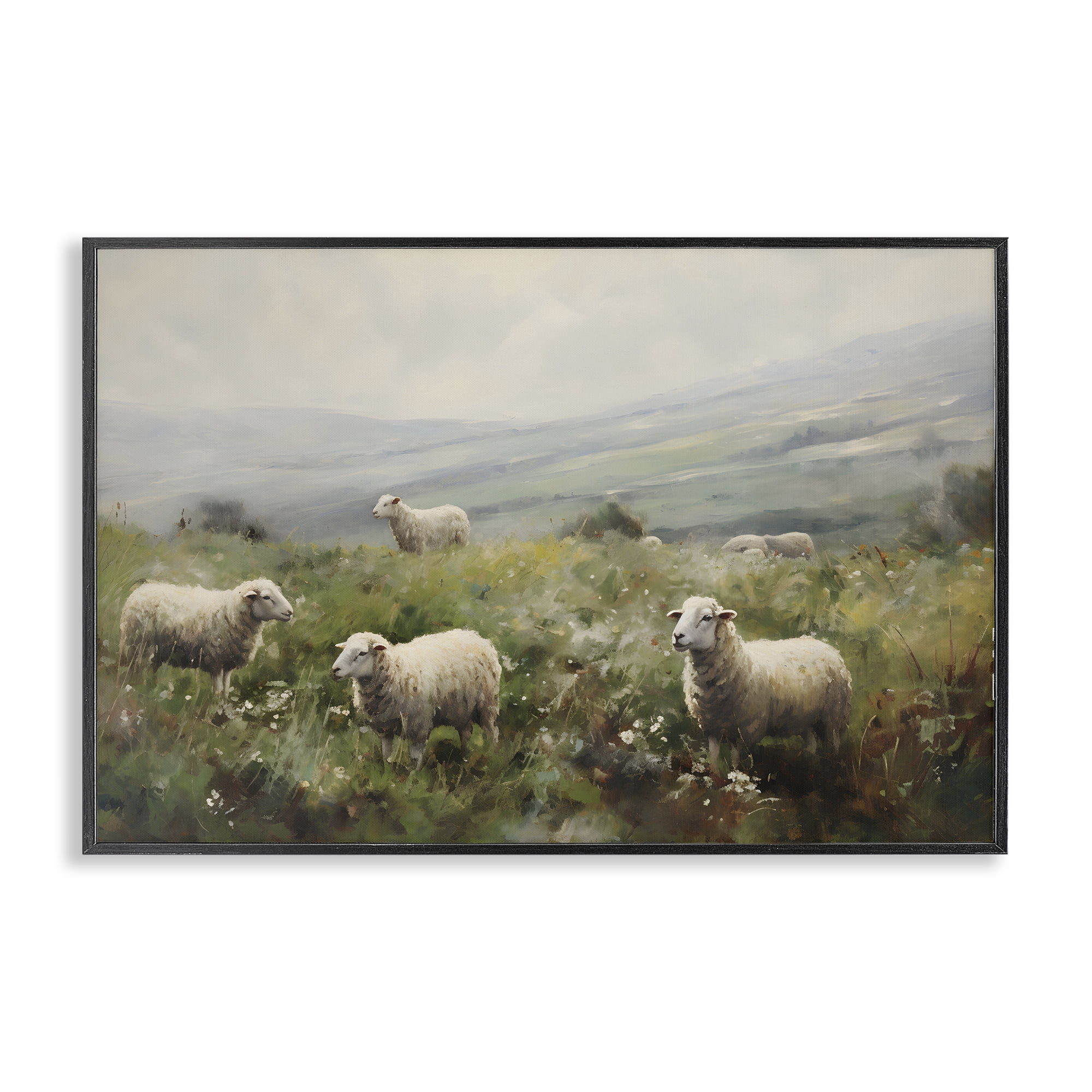 Stupell Industries Misty Sheep Pasture Landscape & Nature Painting Black Framed Art Print Wall Art, 30 x 20
