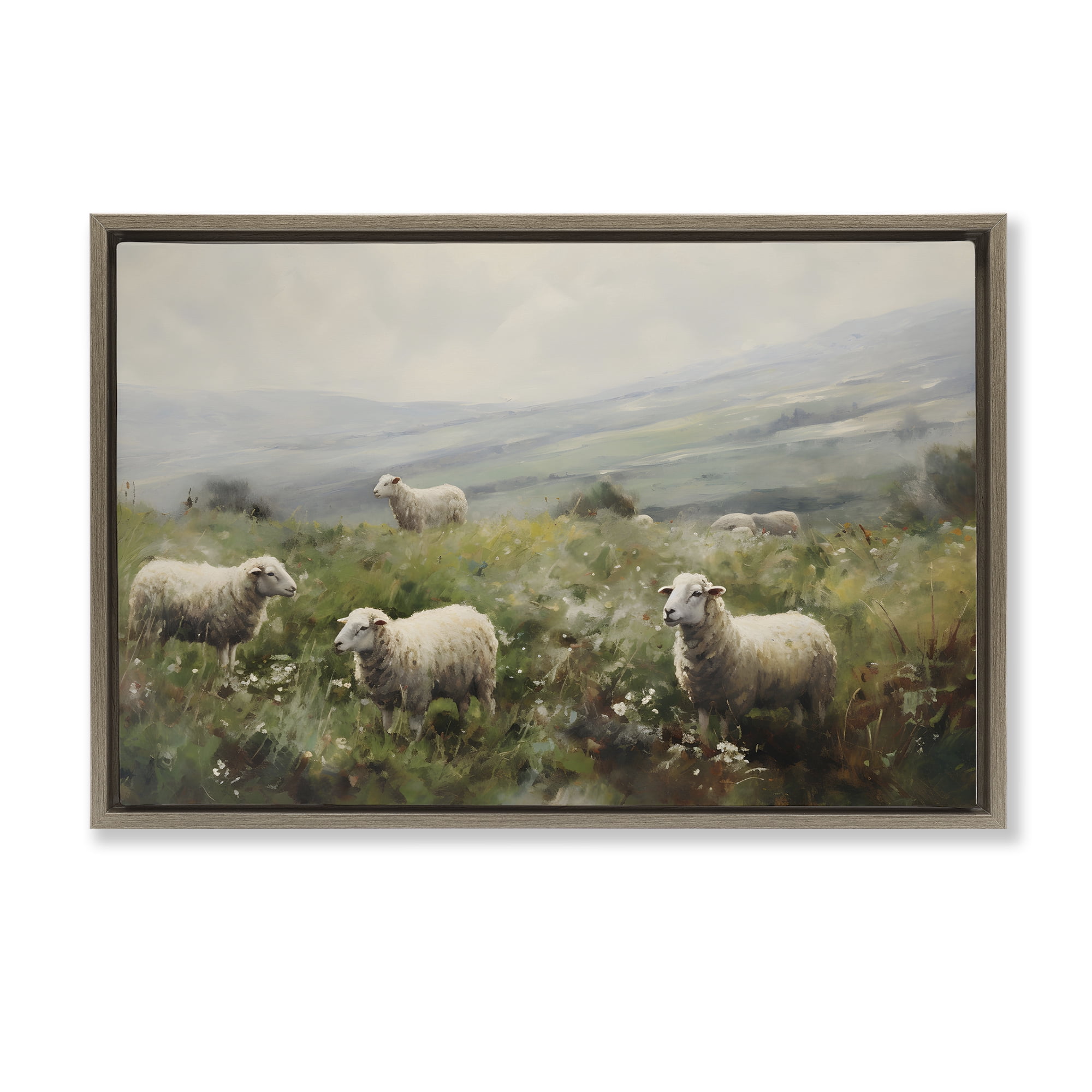 Stupell Industries Misty Sheep Pasture Landscape & Nature Painting Brown Floater Framed Canvas Art Print Wall Art, 31 x 21
