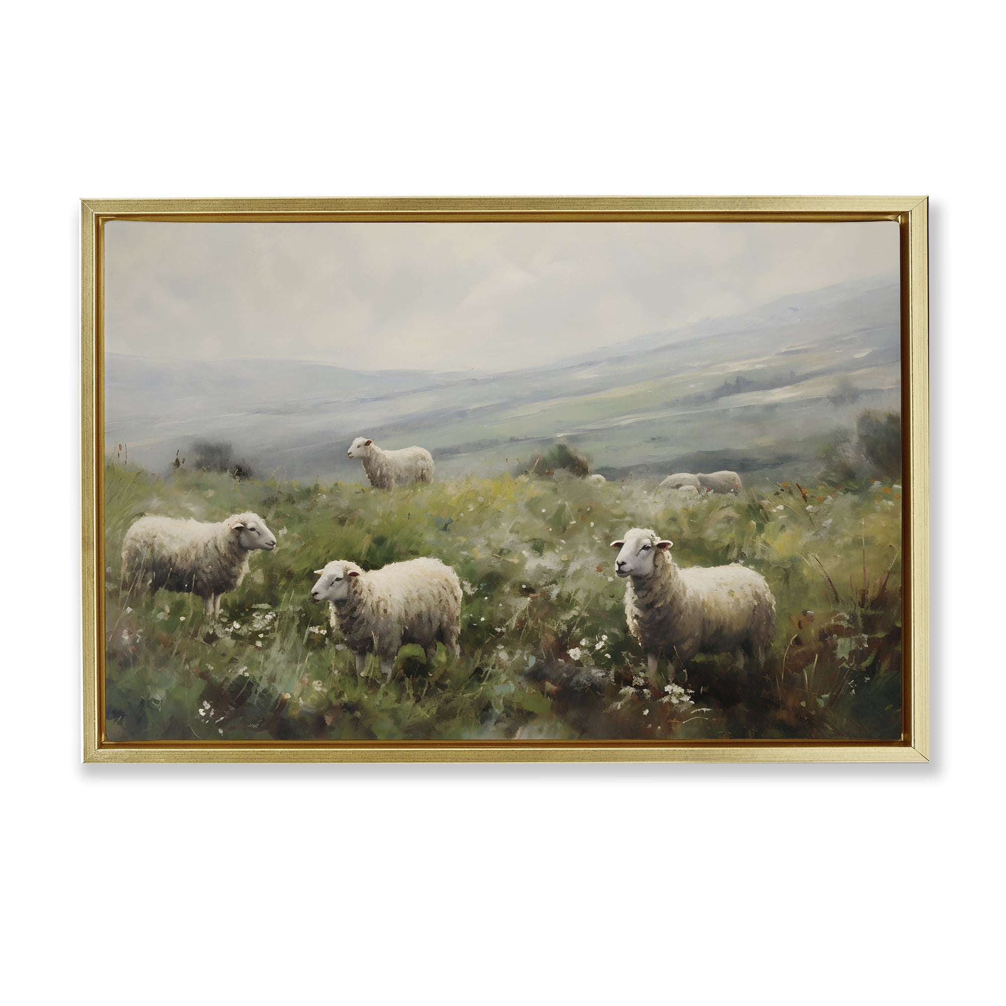 Stupell Industries Misty Sheep Pasture Landscape & Nature Painting Gold Floater Framed Canvas Art Print Wall Art, 31 x 21