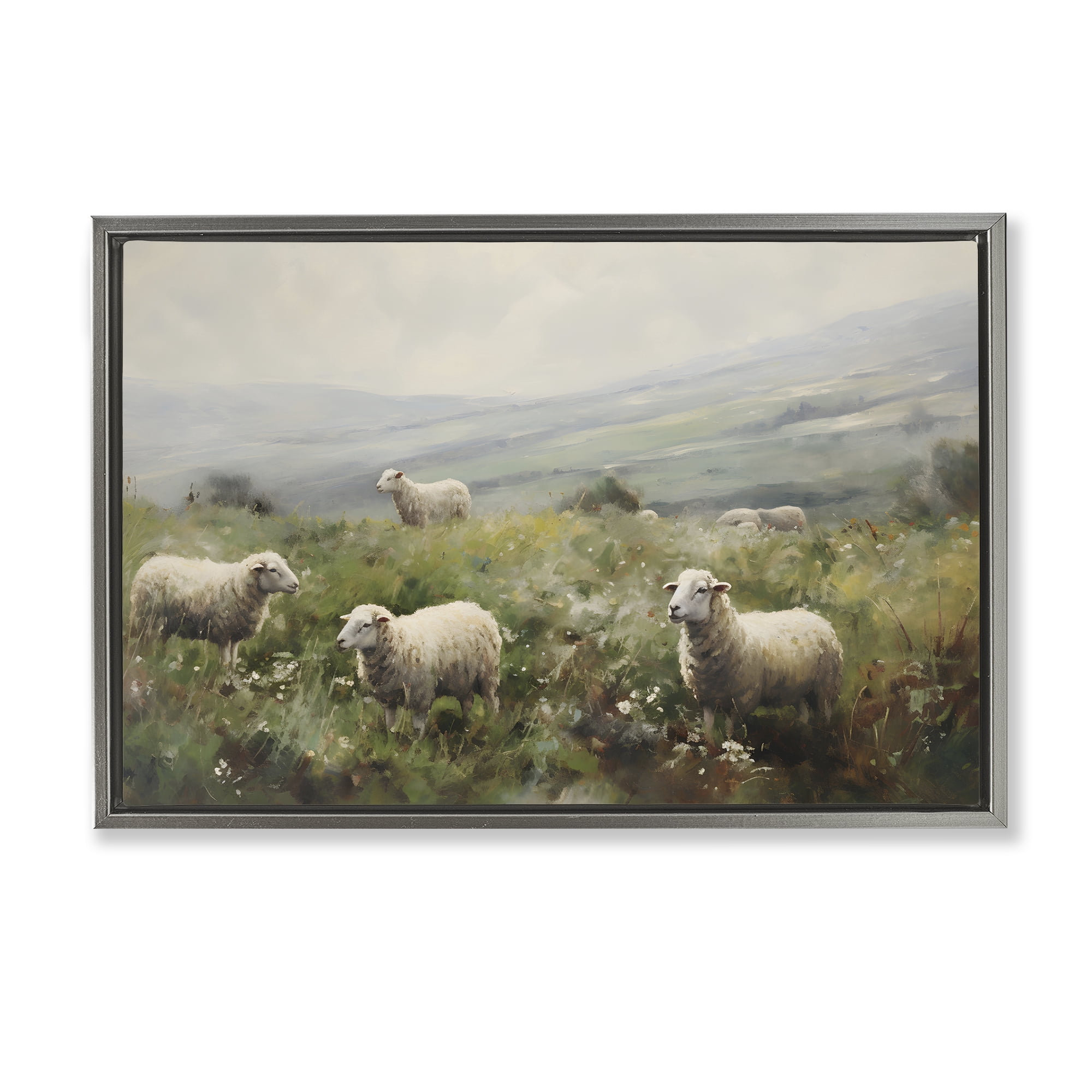 Stupell Industries Misty Sheep Pasture Landscape & Nature Painting Gray Floater Framed Canvas Art Print Wall Art, 25 x 17