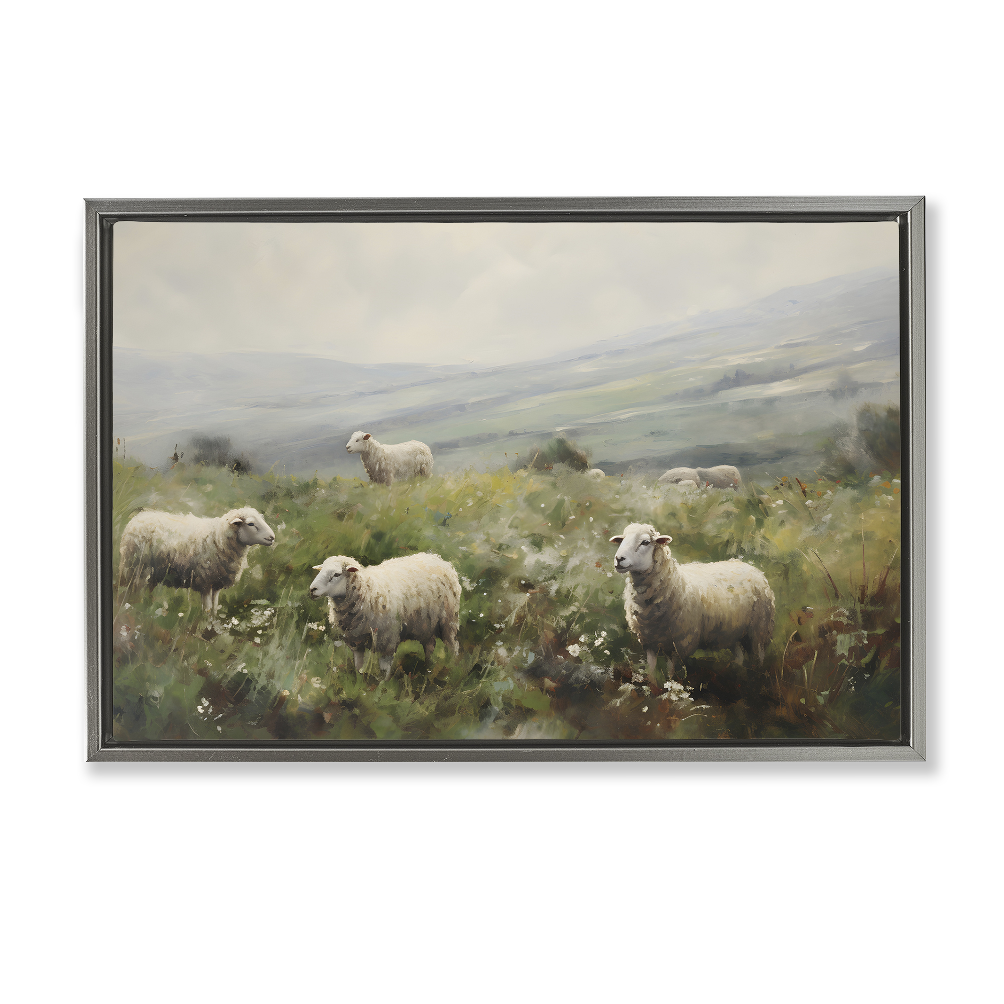 Stupell Industries Misty Sheep Pasture Landscape & Nature Painting Gray Floater Framed Canvas Art Print Wall Art, 31 x 21