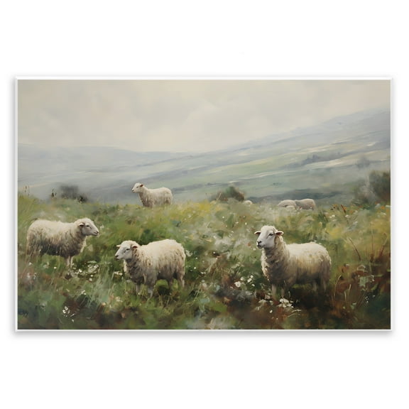 Stupell Industries Misty Sheep Pasture Landscape & Nature Painting Unframed Art Print Wall Art, 15 x 10