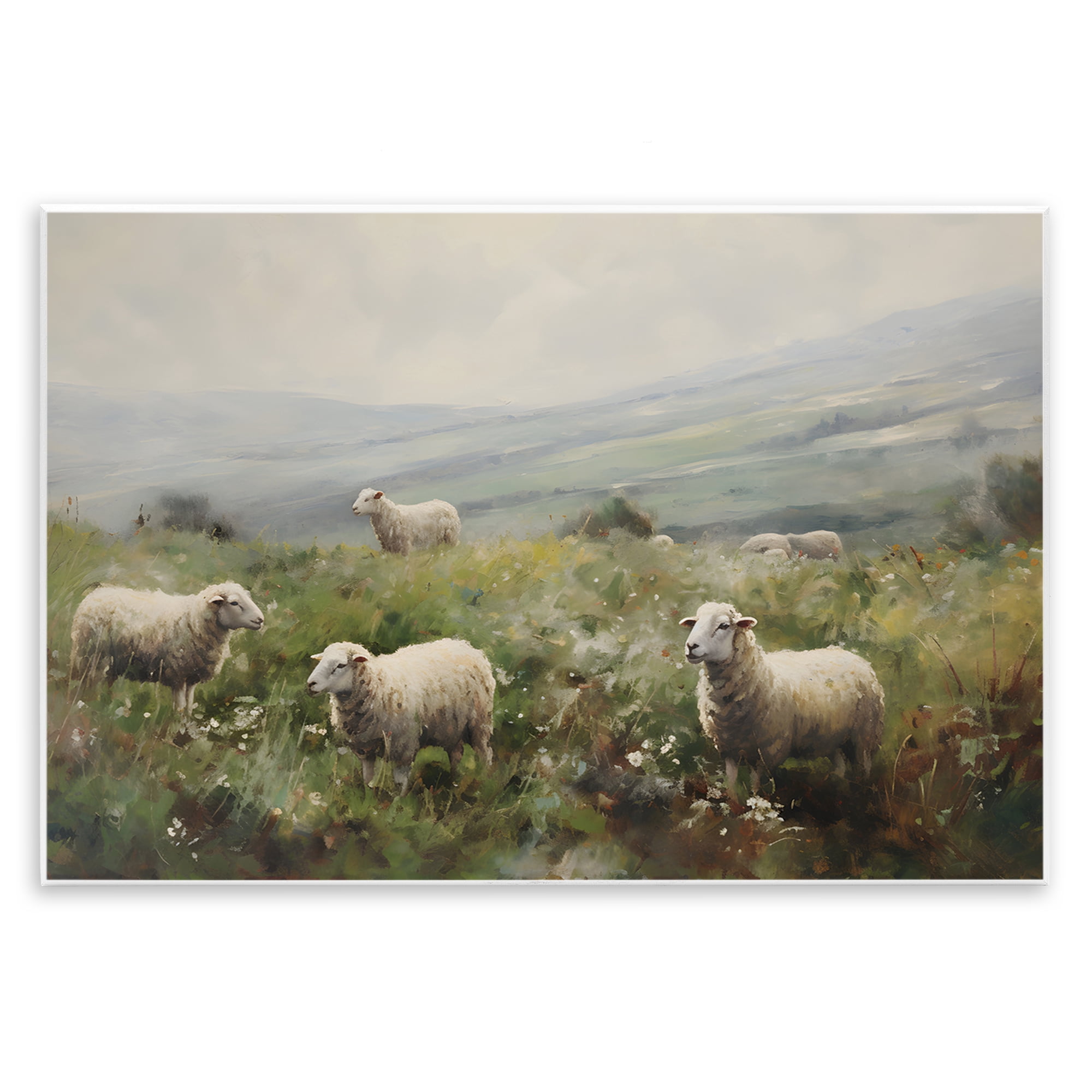 Stupell Industries Misty Sheep Pasture Landscape & Nature Painting Unframed Art Print Wall Art, 19 x 13