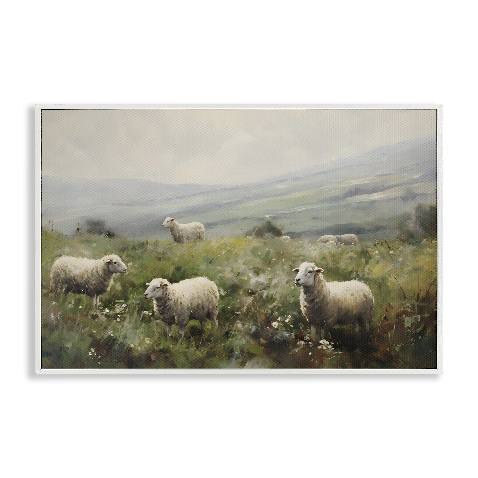 Stupell Industries Misty Sheep Pasture Landscape & Nature Painting White Framed Art Print Wall Art, 30 x 20