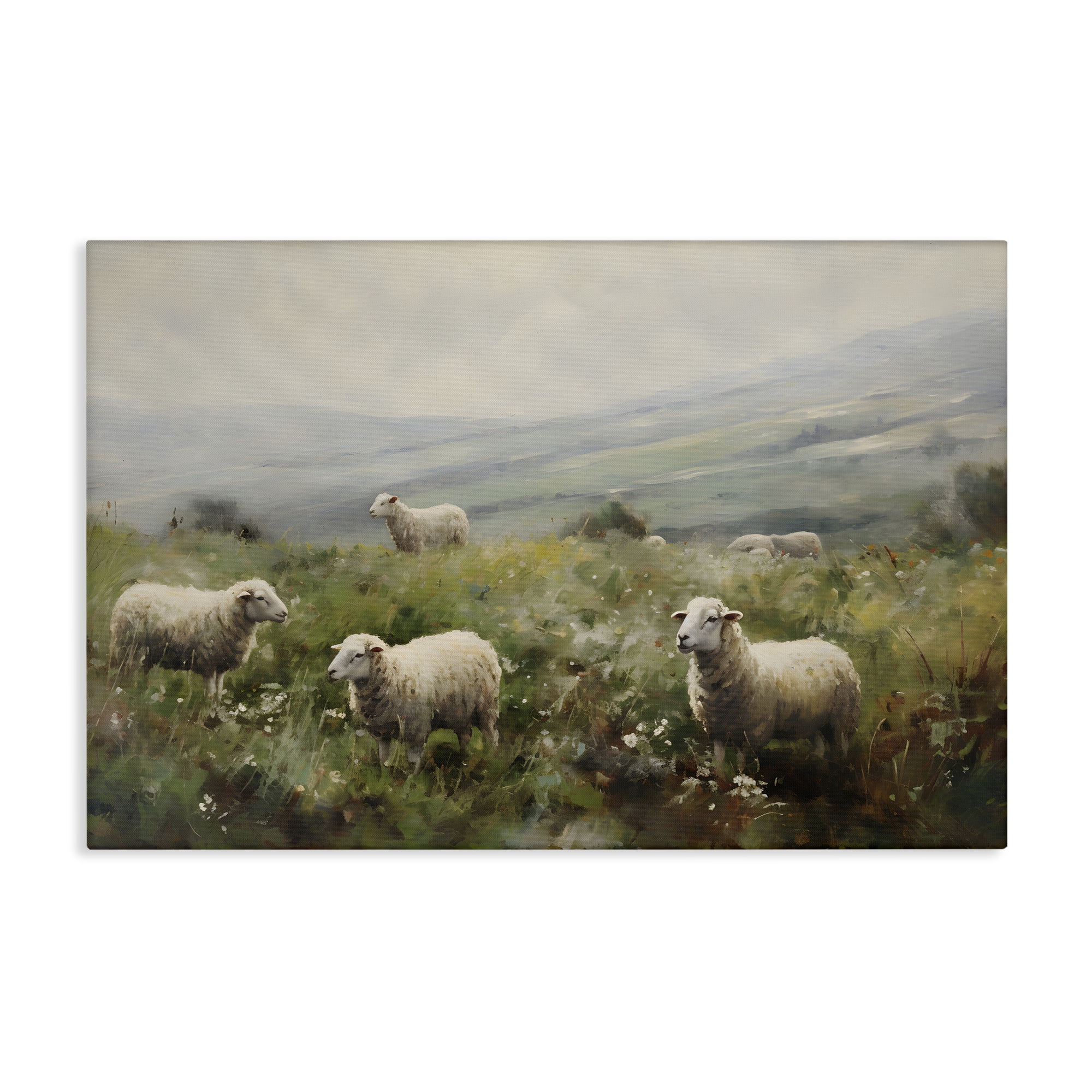 Stupell Industries Misty Sheep Pasture Landscape & Nature Painting Wrapped Canvas Art Print Wall Art, 45 x 30