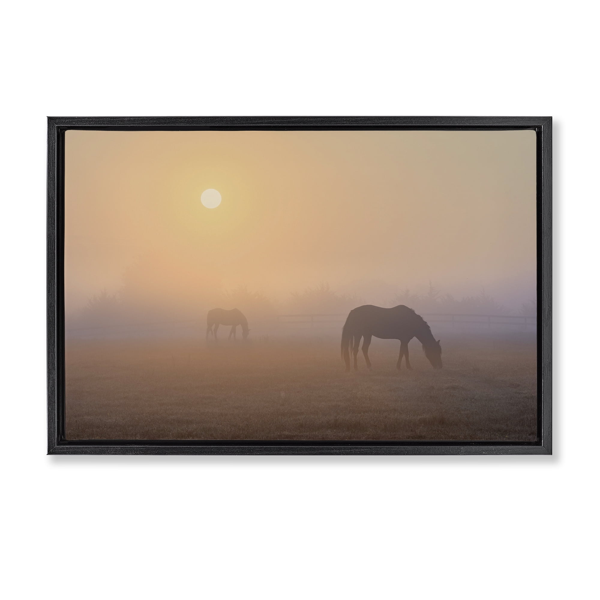 Stupell Industries Misty Sunlit Horses Landscape & Nature Photography Black Floater Framed Canvas Art Print Wall Art, 25 x 17