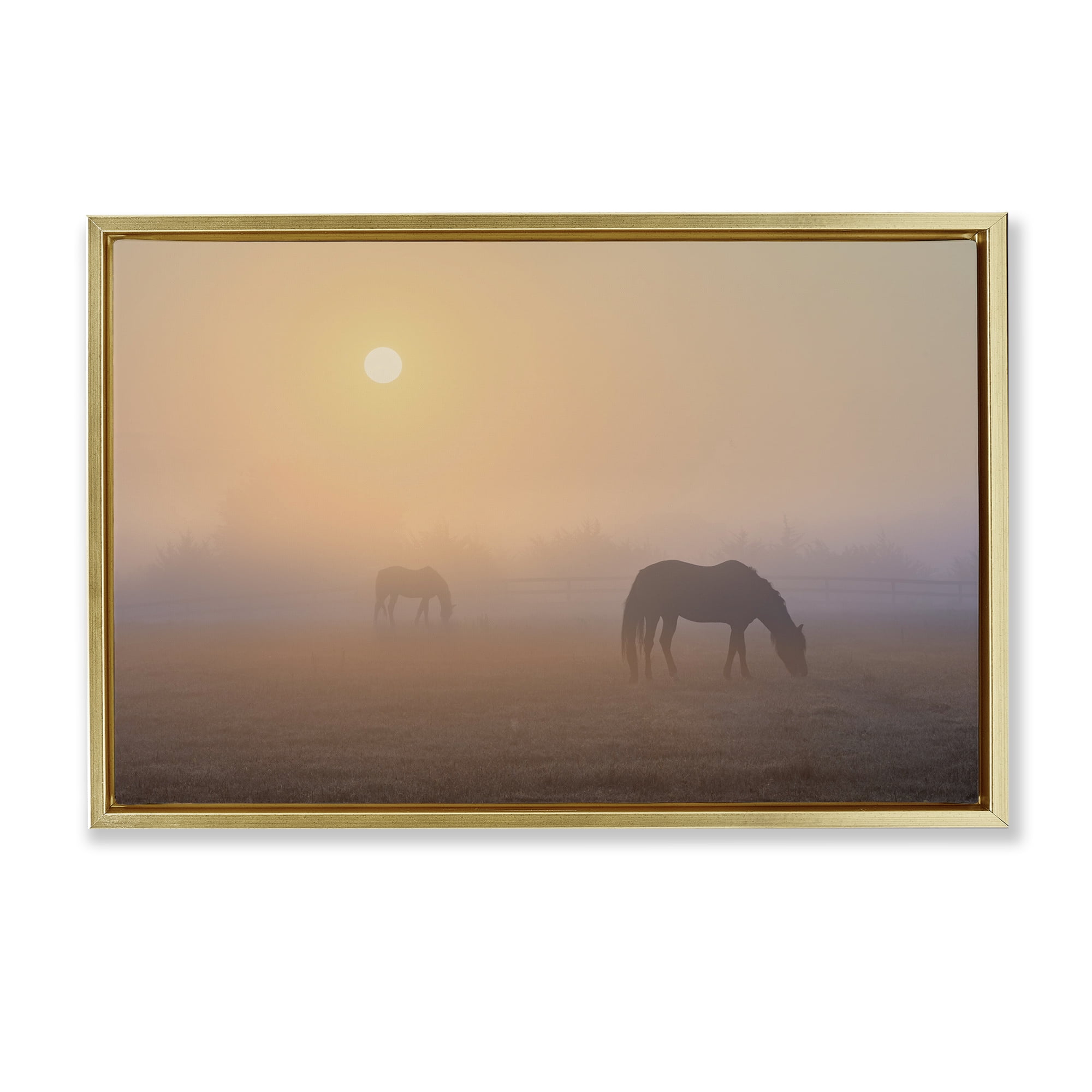 Stupell Industries Misty Sunlit Horses Landscape & Nature Photography Gold Floater Framed Canvas Art Print Wall Art, 25 x 17