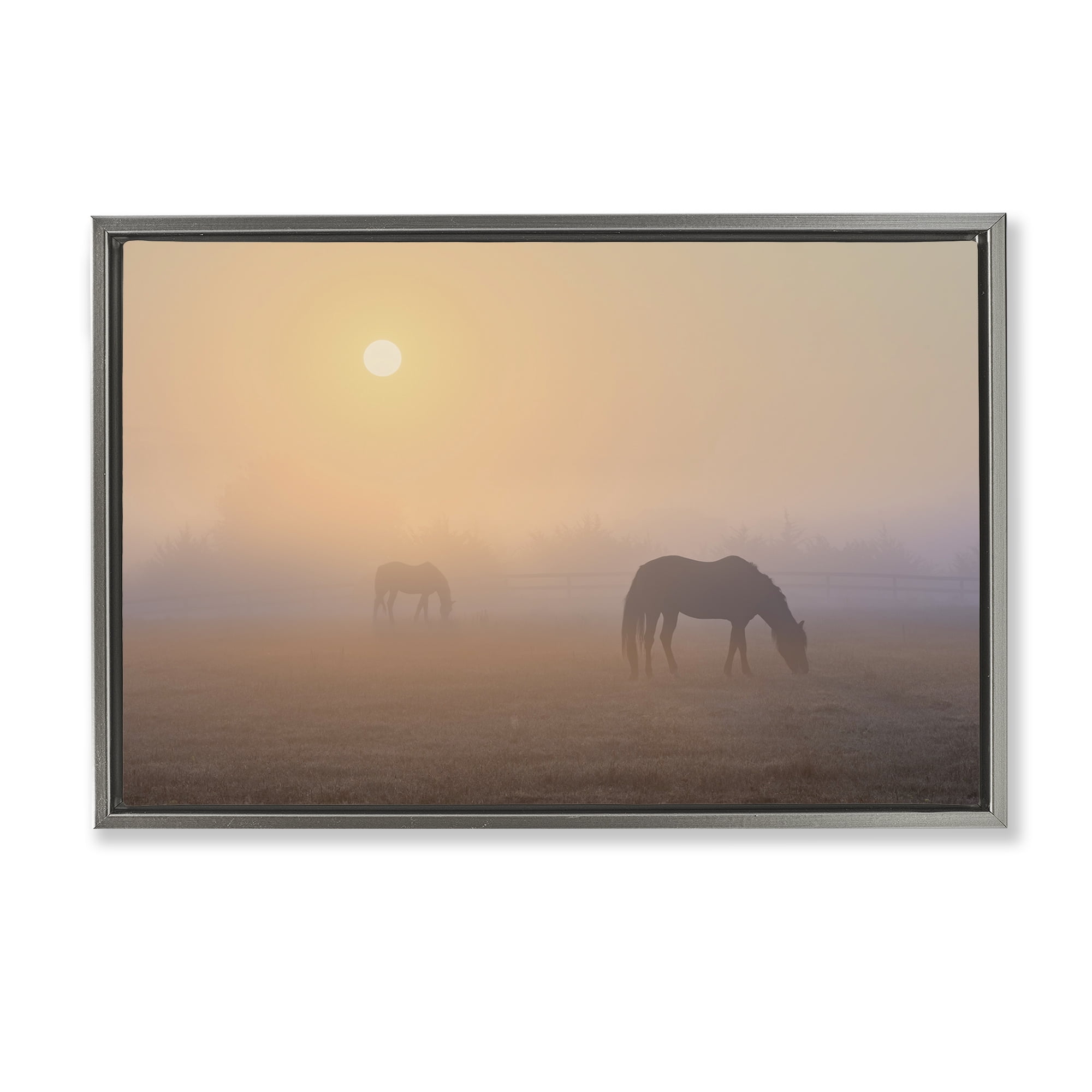 Stupell Industries Misty Sunlit Horses Landscape & Nature Photography Gray Floater Framed Canvas Art Print Wall Art, 31 x 21