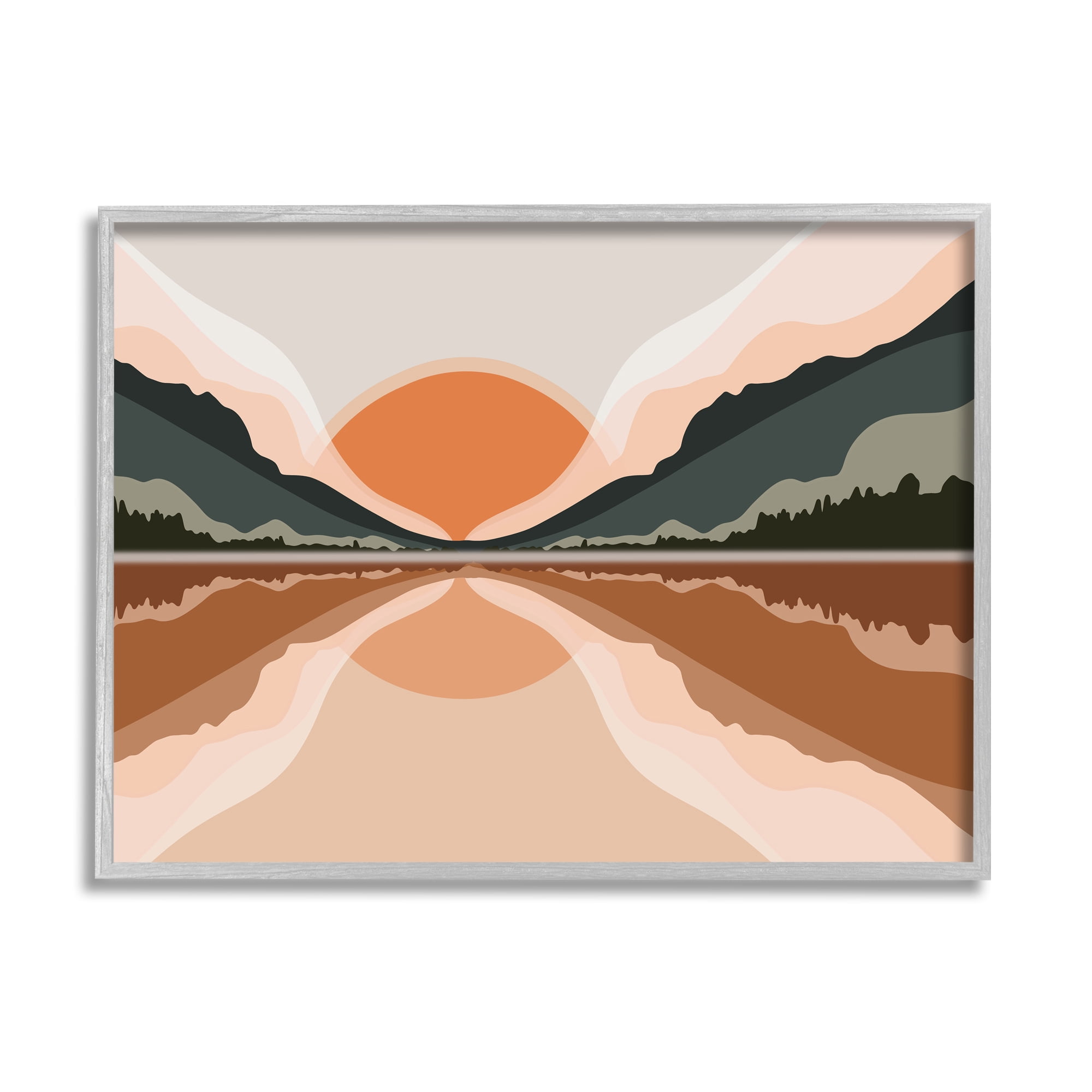 Stupell Industries Misty Sunrise Geometric Green Mountain Lake Reflection Cabin Painting Gray Framed Art Print Wall Art, 11 x 14, Design by Ros Ruseva