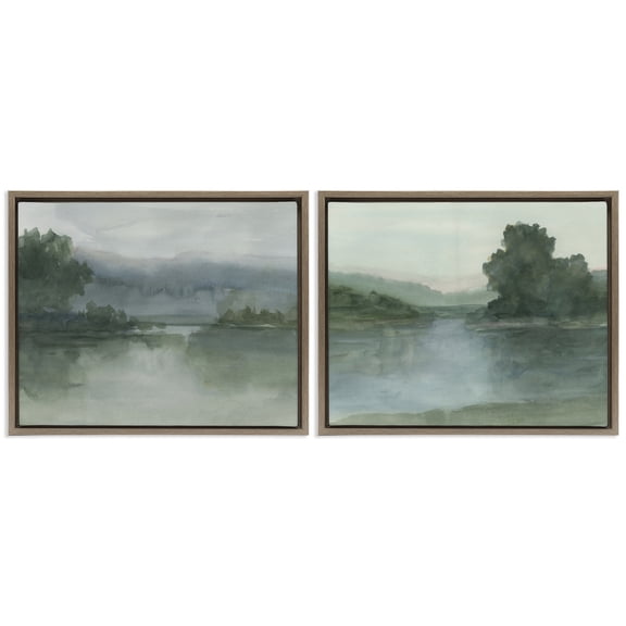 Stupell Industries Misty Twilight Lake View Abstract Painting Brown Floater Framed Canvas Art Print Wall Art, 21 x 17, Set of 2