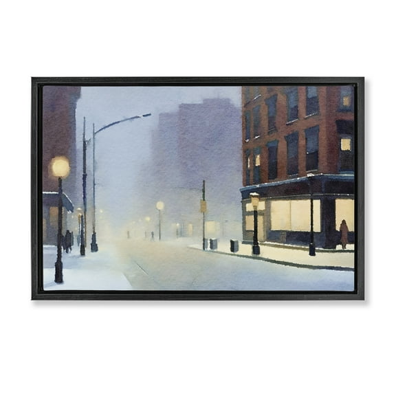 Stupell Industries Misty Winter City Street Scenic & Cityscapes Painting Black Floater Framed Canvas Art Print Wall Art, 25 x 17