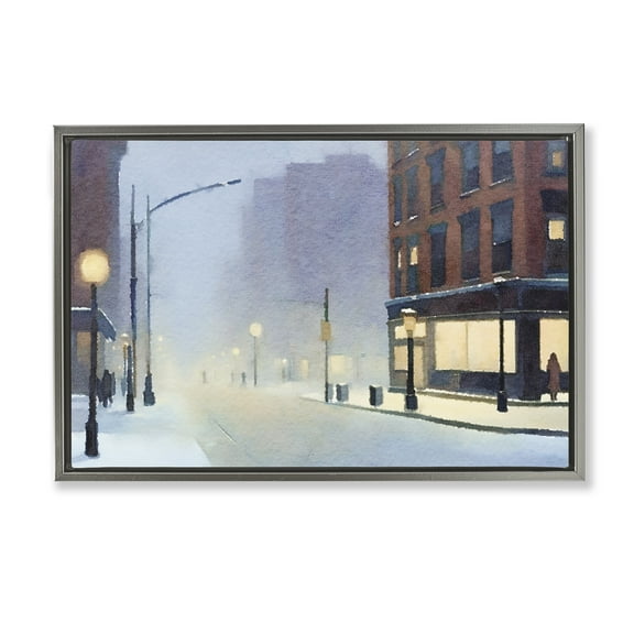 Stupell Industries Misty Winter City Street Scenic & Cityscapes Painting Gray Floater Framed Canvas Art Print Wall Art, 25 x 17