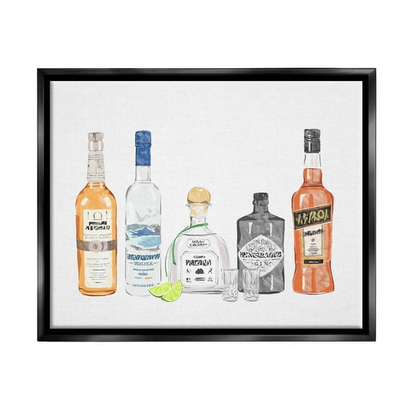 Stupell Industries Mixed Bar Liquor Bottles Graphic Art Jet Black Floating Framed Canvas Print Wall Art, Design by Ziwei Li