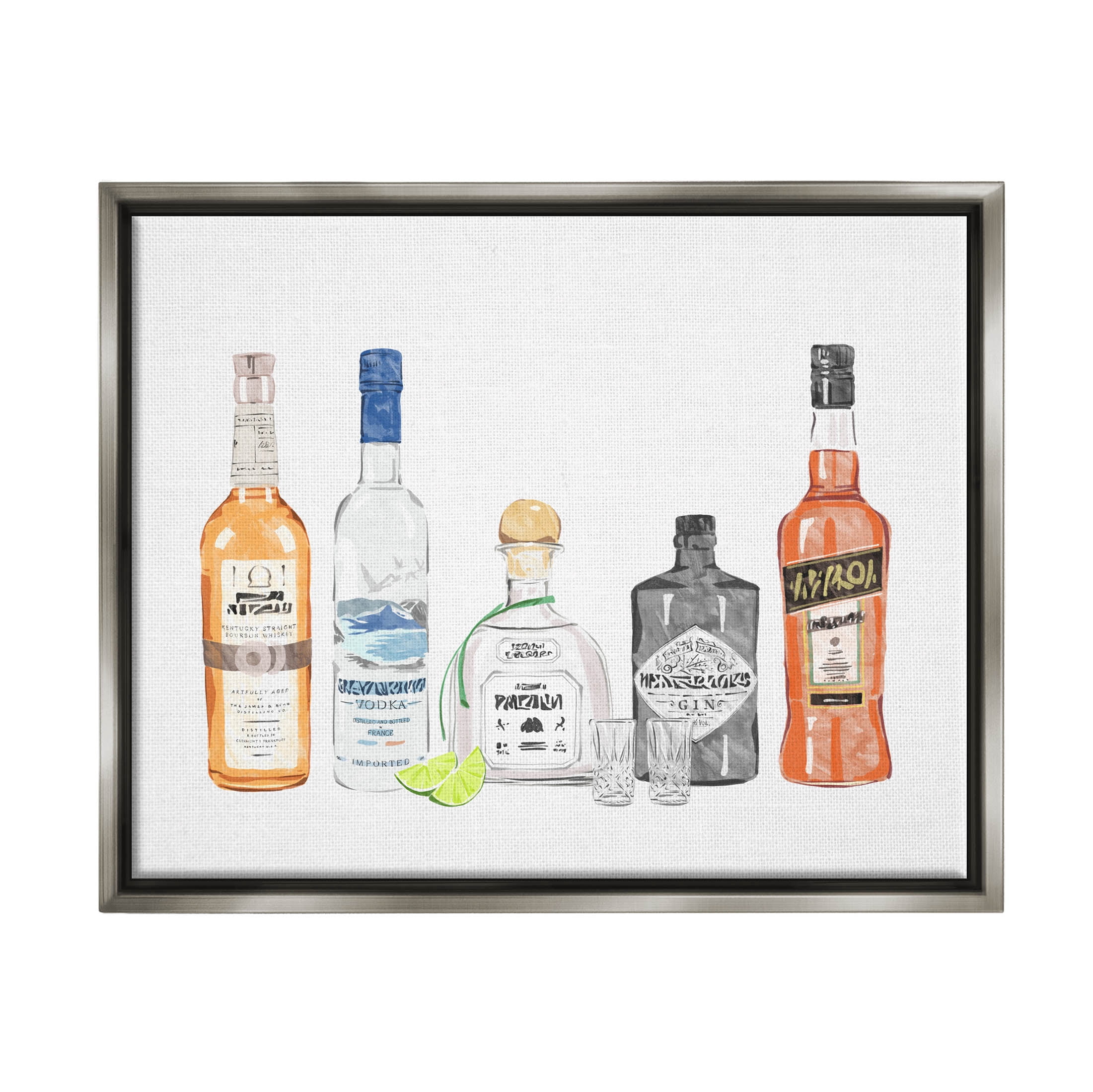 Stupell Industries Mixed Bar Liquor Bottles Graphic Art Luster Gray Floating Framed Canvas Print Wall Art, Design by Ziwei Li