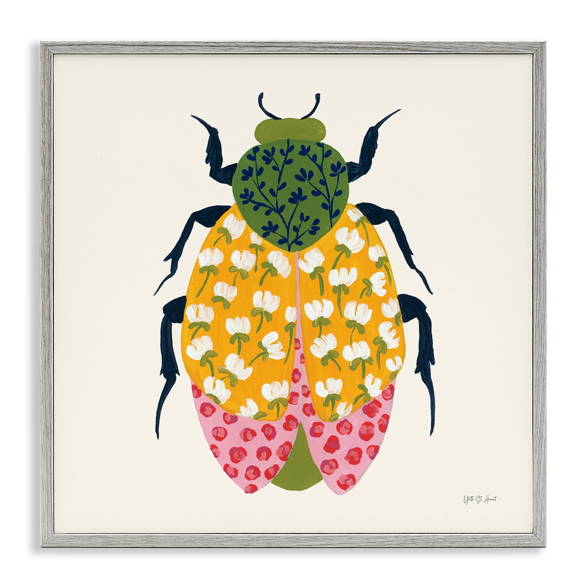Stupell Industries Mixed Blooms Beetle Insects Painting Gray Framed Art Print Wall Art, 12 x 12