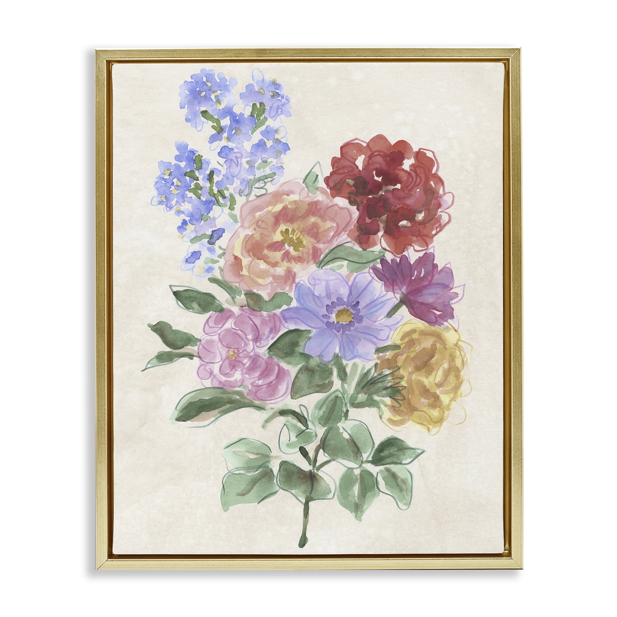 Stupell Industries Mixed Blooms on Parchment Gold Framed Floater Canvas Wall Art, design by June Erica Vess
