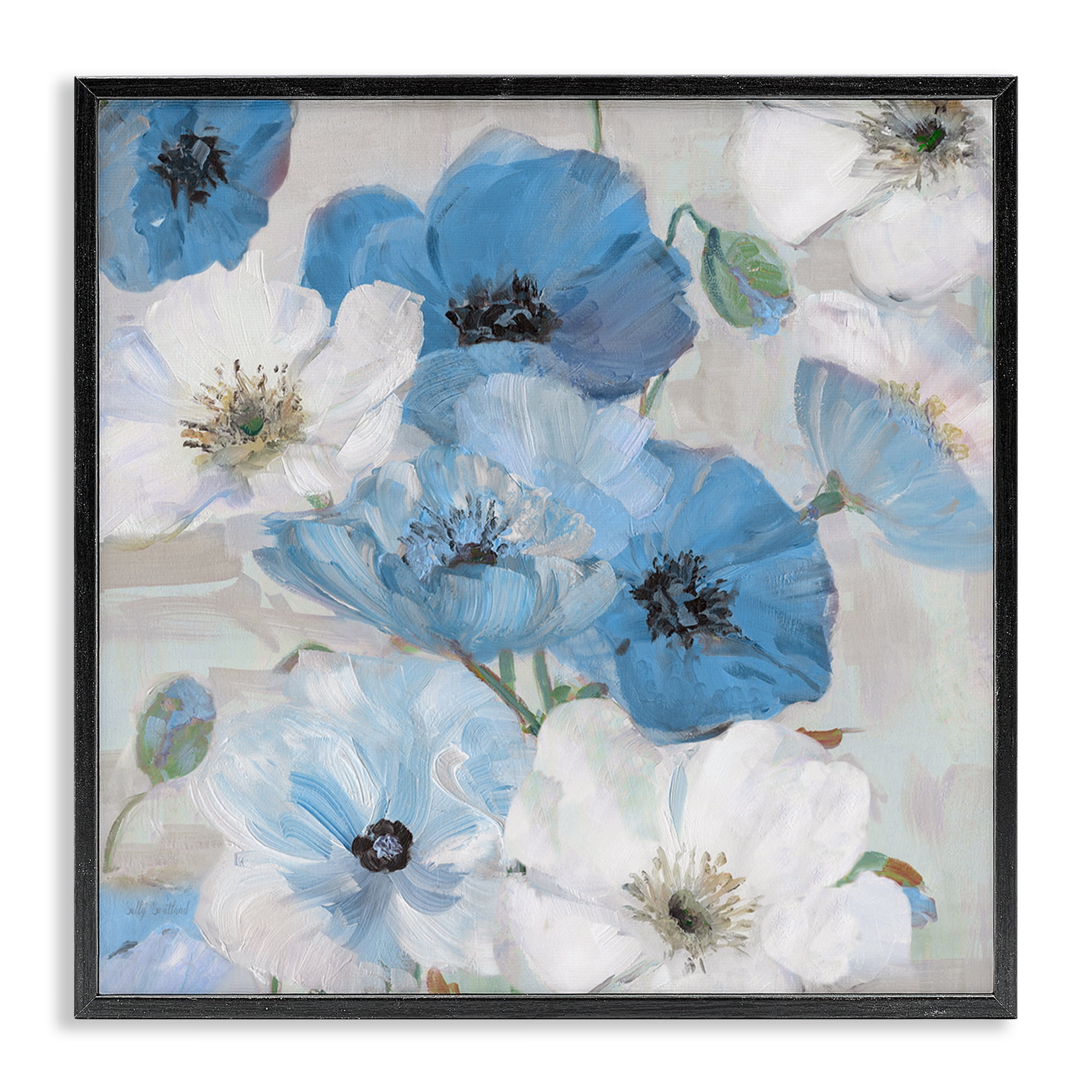 Stupell Industries Mixed Blue & White Blooms Plants & Flowers Painting Black Framed Art Print Wall Art, 24 x 24